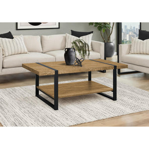 I 2884 - Table De Salon, 48''L, 2 Niveaux, Cocktail, Accent, Rectangulaire, Salon, Aspect Bois De Manguier, Métal Noir, Contemporain, Moderne - Simple Boutique
