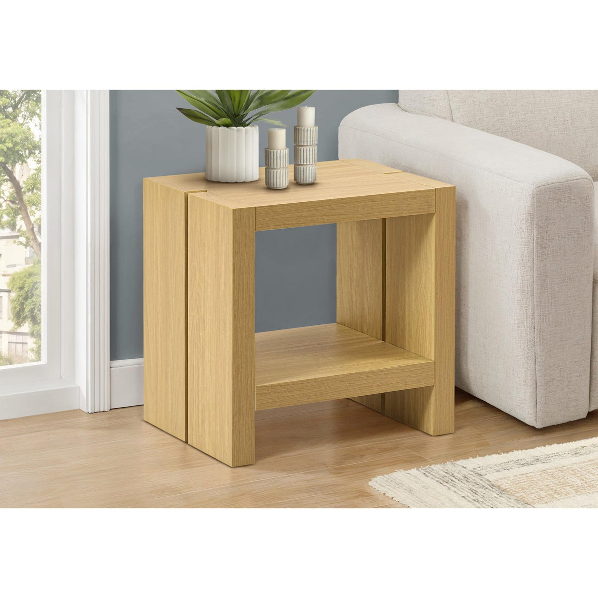I 2887 - Table D'appoint, 20''H, 2 Niveaux, Bout, Table D'appoint, Coté, Table De Nuit, Salon, Chambre À Coucher, Stratifié Chêne Naturel, Contemporain, Moderne - Simple Boutique