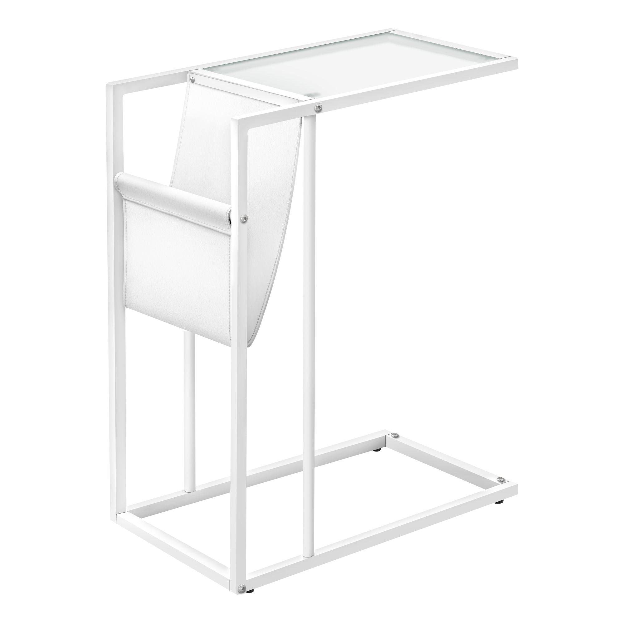 I 3067 Table D'appoint, En Forme De C, Bout, Côté, Collation, Stockage Du Magazine, Salon, Chambre À Coucher, Métal, Pu D'aspect Cuir, Verre Trempé, Blanc, Contemporain, Moderne - Simple Boutique