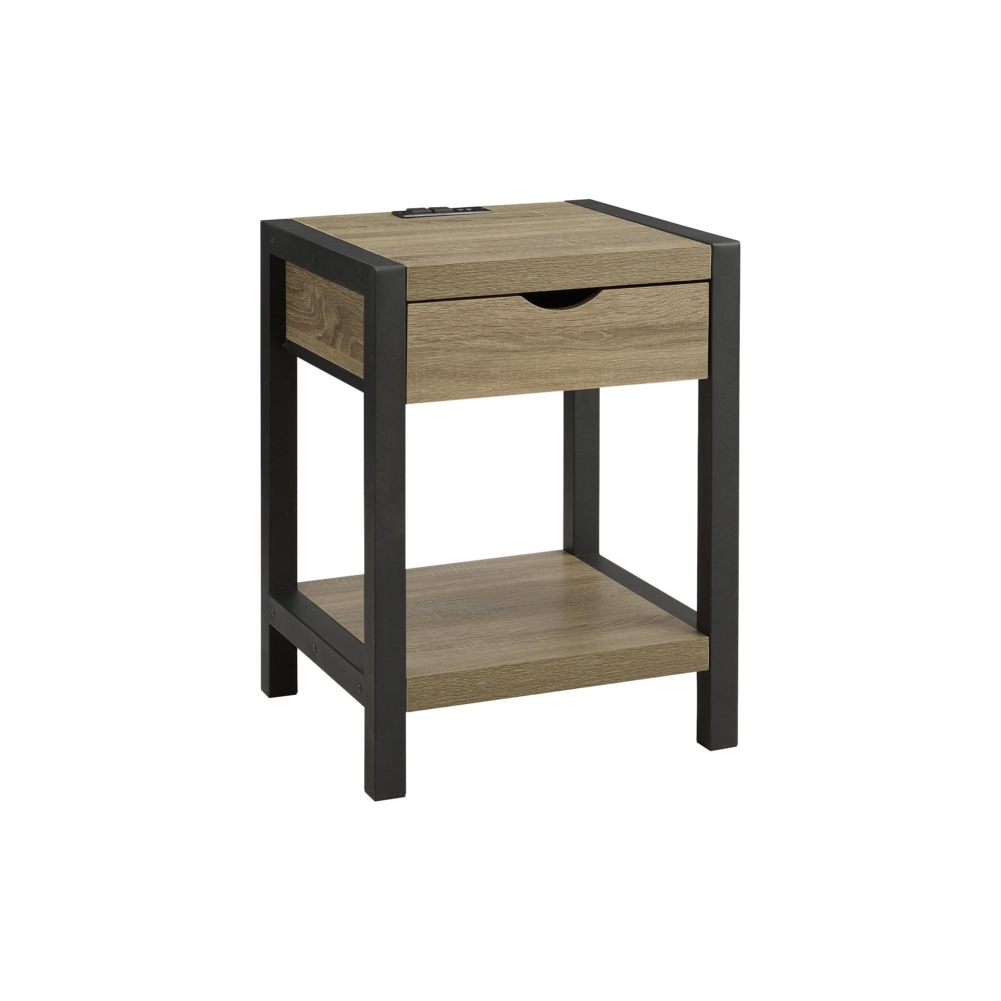 I 3200 - Table D'appoint, 24''H, 2 Niveaux, Bout, Table D'appoint, Table De Nuit, Lampe, Tiroir De Rangement, Stratifié Taupe Foncé, Métal Noir, Contemporain - Simple Boutique