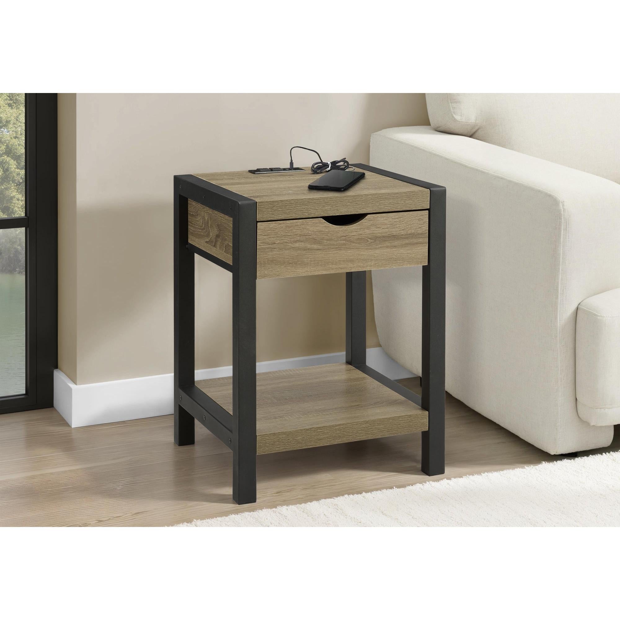 I 3200 - Table D'appoint, 24''H, 2 Niveaux, Bout, Table D'appoint, Table De Nuit, Lampe, Tiroir De Rangement, Stratifié Taupe Foncé, Métal Noir, Contemporain - Simple Boutique