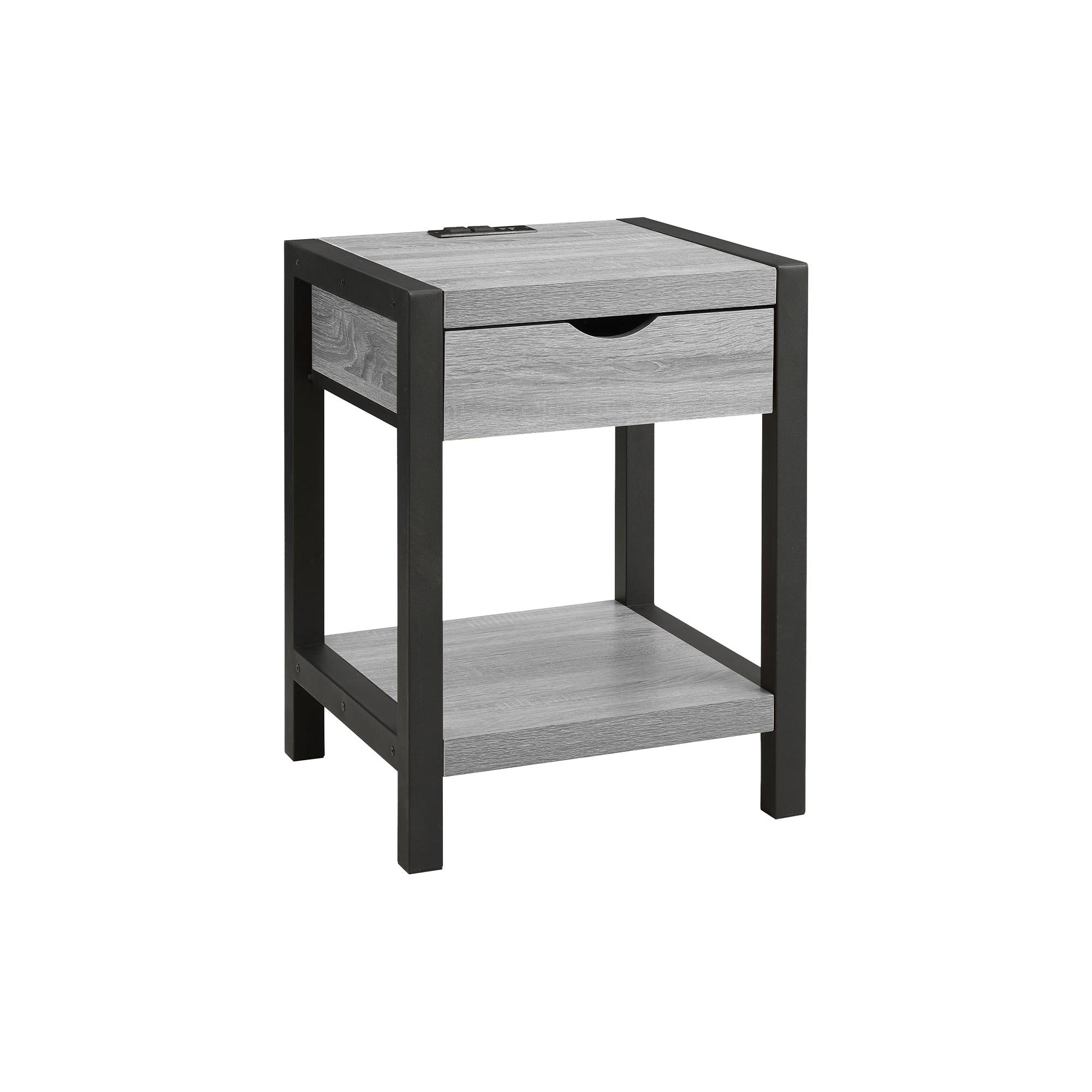 I 3201 - Table D'appoint, 24''H, 2 Niveaux, Bout, Table D'appoint, Table De Nuit, Lampe, Tiroir De Rangement, Stratifié Gris, Métal Noir, Contemporain - Simple Boutique