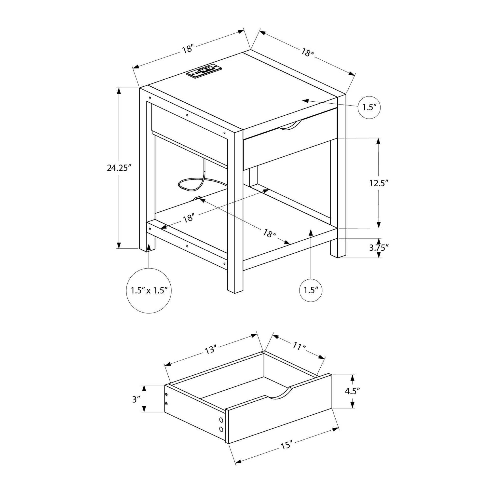 I 3201 - Table D'appoint, 24''H, 2 Niveaux, Bout, Table D'appoint, Table De Nuit, Lampe, Tiroir De Rangement, Stratifié Gris, Métal Noir, Contemporain - Simple Boutique