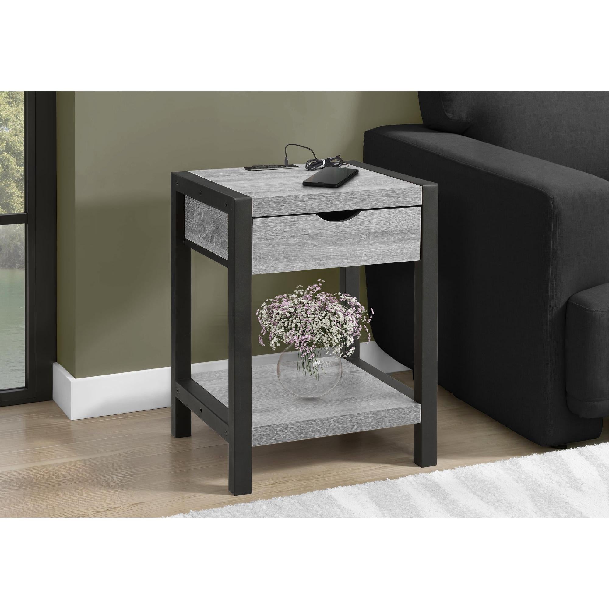 I 3201 - Table D'appoint, 24''H, 2 Niveaux, Bout, Table D'appoint, Table De Nuit, Lampe, Tiroir De Rangement, Stratifié Gris, Métal Noir, Contemporain - Simple Boutique