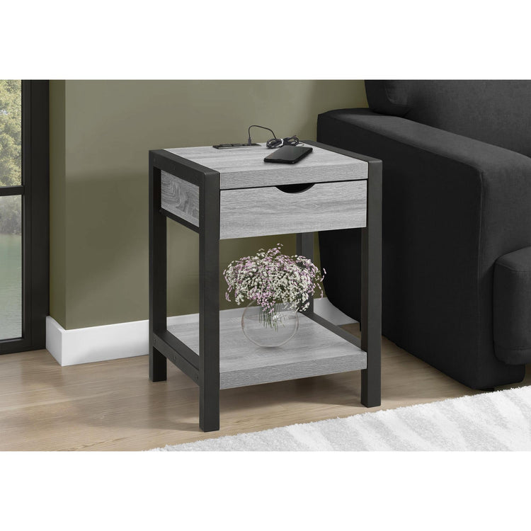 I 3201 - Table D'appoint, 24''H, 2 Niveaux, Bout, Table D'appoint, Table De Nuit, Lampe, Tiroir De Rangement, Stratifié Gris, Métal Noir, Contemporain - Simple Boutique