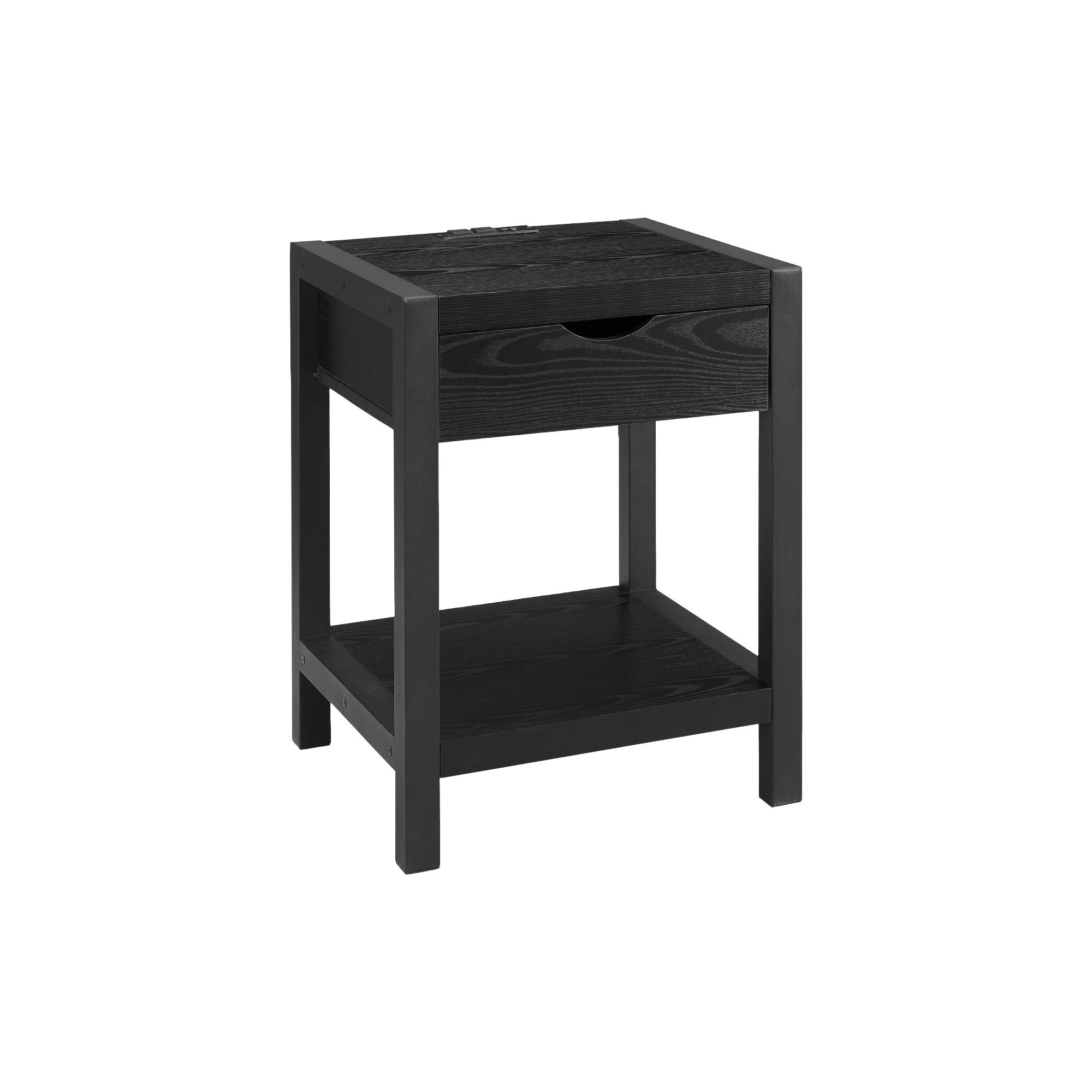 I 3202 - Table D'appoint, 24''H, 2 Niveaux, Bout, Table D'appoint, Table De Nuit, Lampe, Tiroir De Rangement, Laminé Chêne Noir, Métal Noir, Contemporain - Simple Boutique