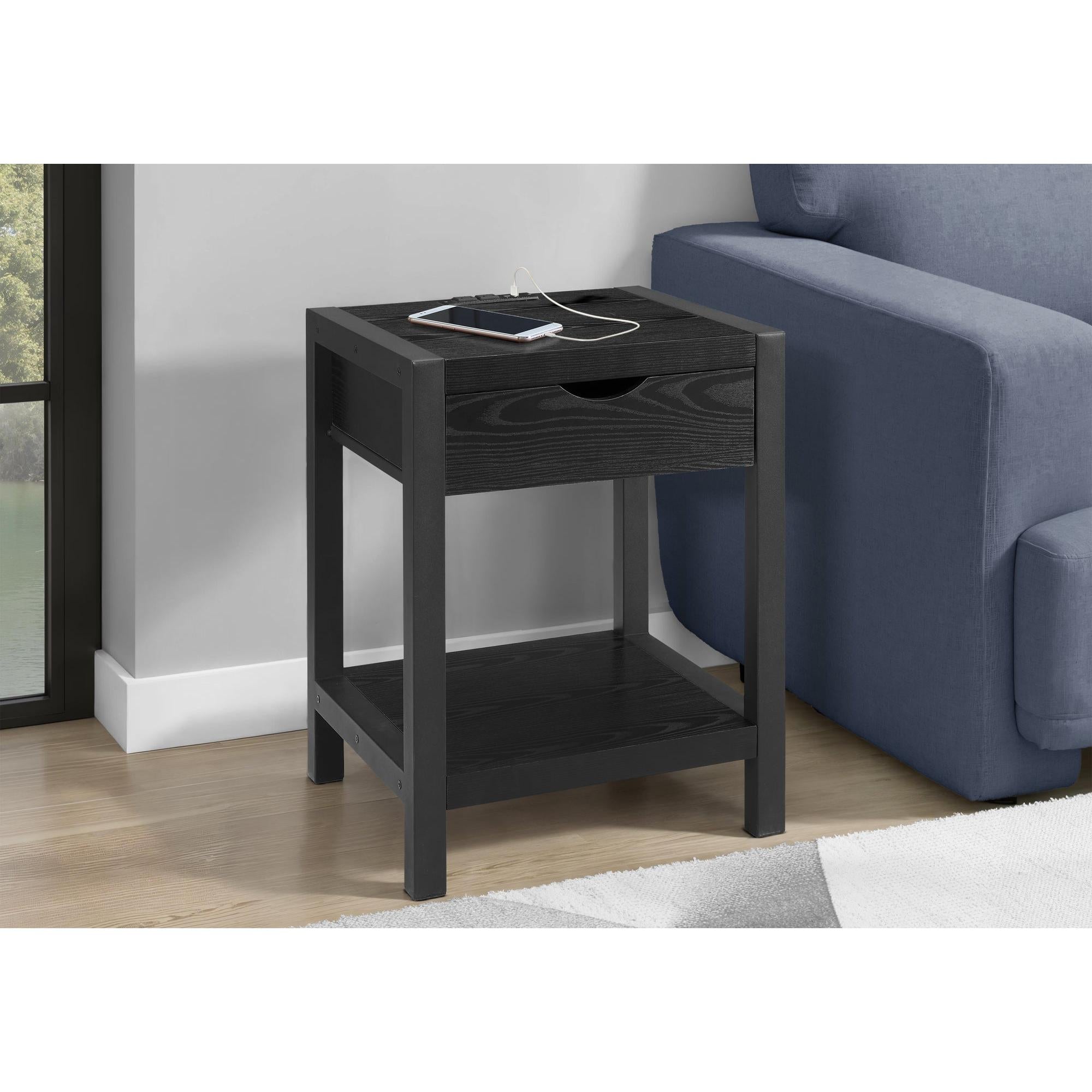 I 3202 - Table D'appoint, 24''H, 2 Niveaux, Bout, Table D'appoint, Table De Nuit, Lampe, Tiroir De Rangement, Laminé Chêne Noir, Métal Noir, Contemporain - Simple Boutique