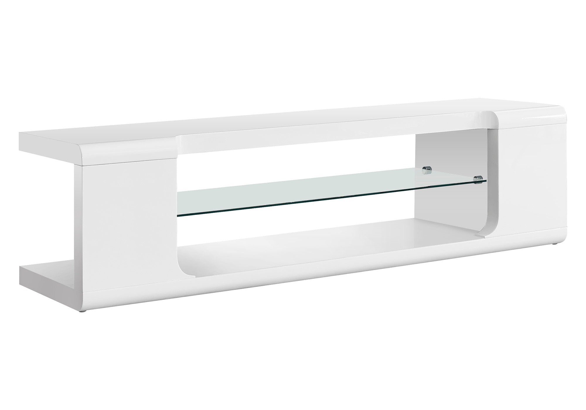 I 3535 Meuble Tv, 60 Pouces, Console, Centre De Divertissement Média, Étagères De Rangement, Salon, Chambre À Coucher, Stratifié, Verre Trempé, Blanc Lustré, Dégager, Contemporain, Moderne - Simple Boutique