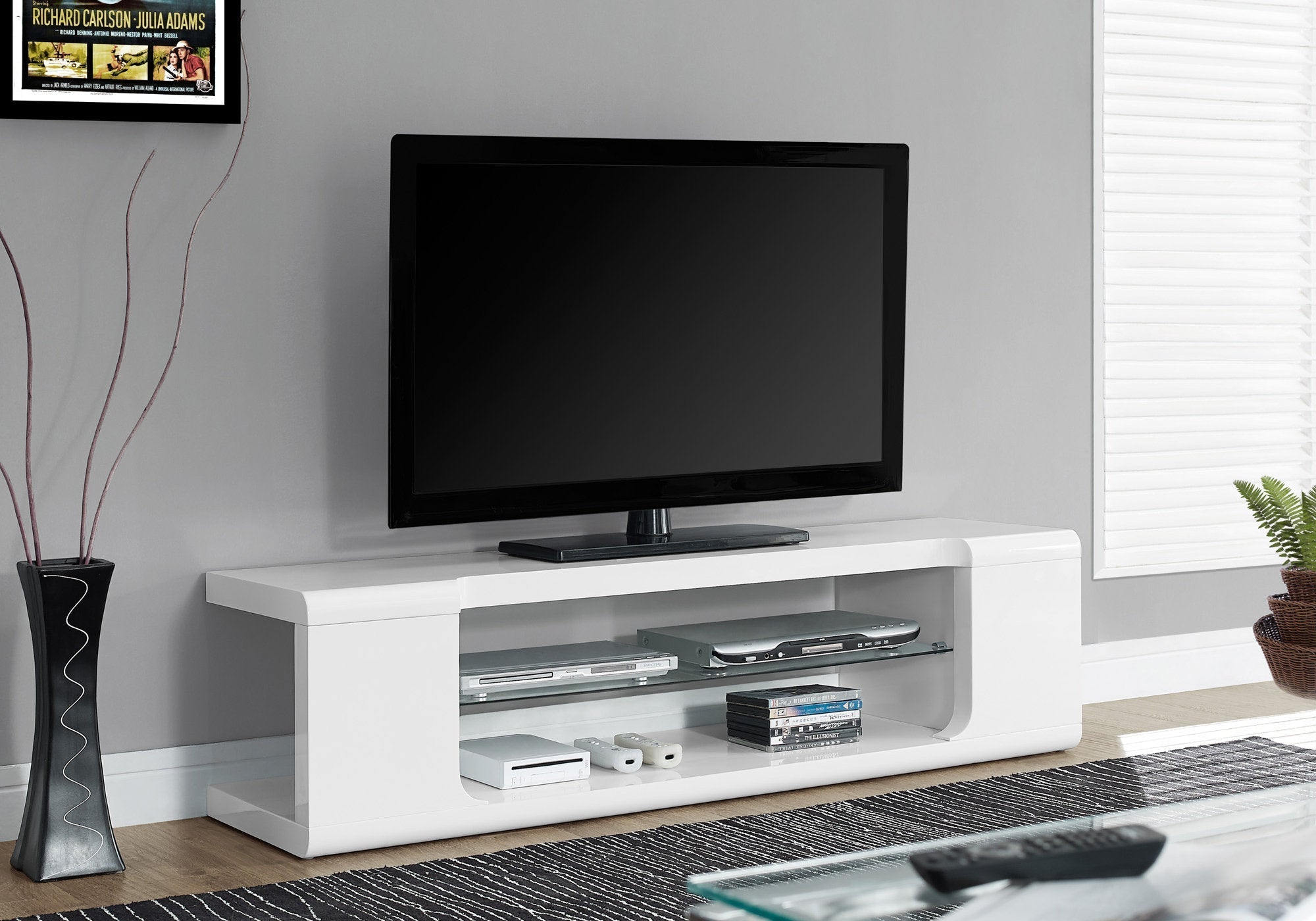 I 3535 Meuble Tv, 60 Pouces, Console, Centre De Divertissement Média, Étagères De Rangement, Salon, Chambre À Coucher, Stratifié, Verre Trempé, Blanc Lustré, Dégager, Contemporain, Moderne - Simple Boutique
