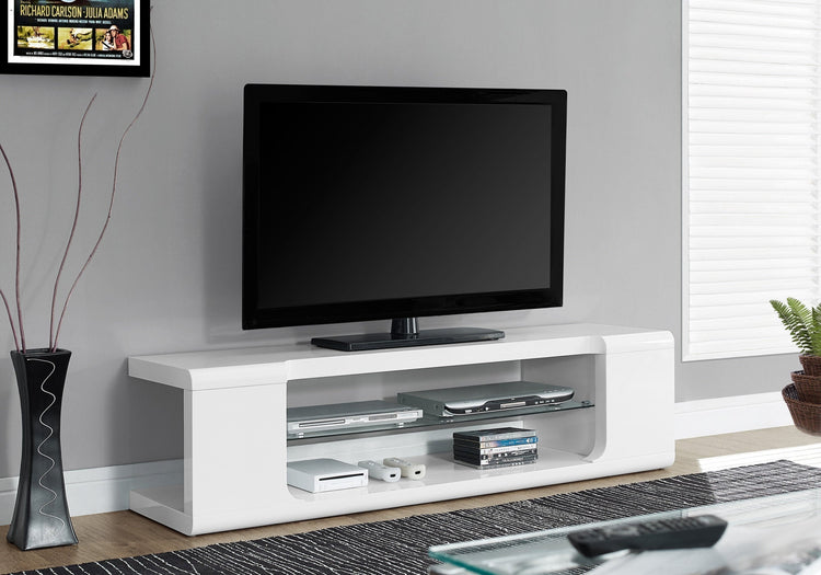 I 3535 Meuble Tv, 60 Pouces, Console, Centre De Divertissement Média, Étagères De Rangement, Salon, Chambre À Coucher, Stratifié, Verre Trempé, Blanc Lustré, Dégager, Contemporain, Moderne - Simple Boutique