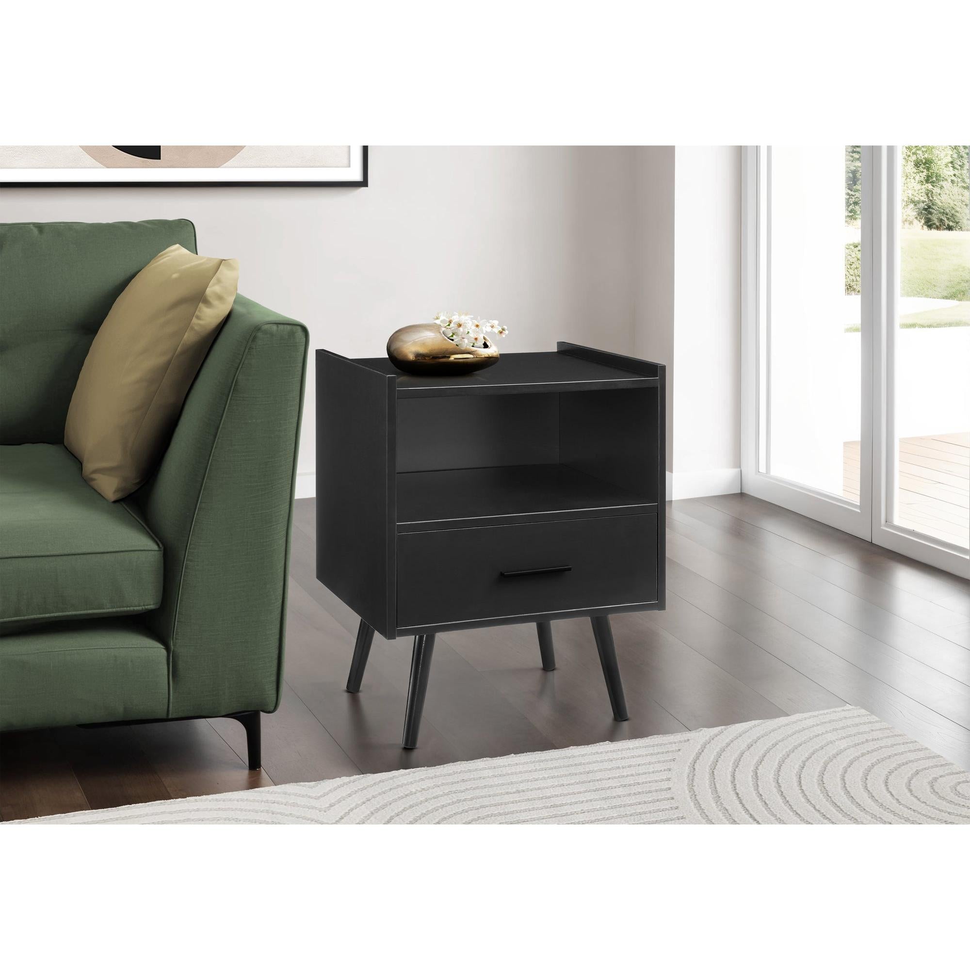 I 3667 - Table D'appoint, Table D'appoint, Bout, Tiroir De Rangement, Table De Nuit, Chambre À Coucher, Salon, Stratifié Noir, Contemporain, Moderne - Simple Boutique