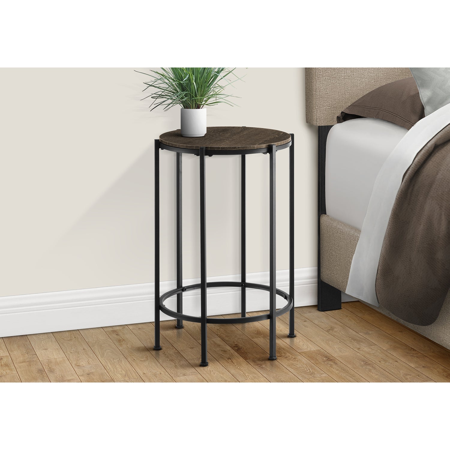I 3756 - Table D'appoint, Bout, Rond, Table D'appoint, Petit, Lampe, Salon, Chambre À Coucher, Table De Nuit, Stratifié Chêne Foncé, Métal Noir, Contemporain - Simple Boutique