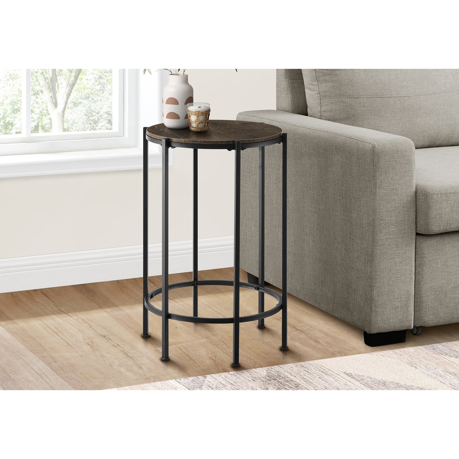 I 3756 - Table D'appoint, Bout, Rond, Table D'appoint, Petit, Lampe, Salon, Chambre À Coucher, Table De Nuit, Stratifié Chêne Foncé, Métal Noir, Contemporain - Simple Boutique