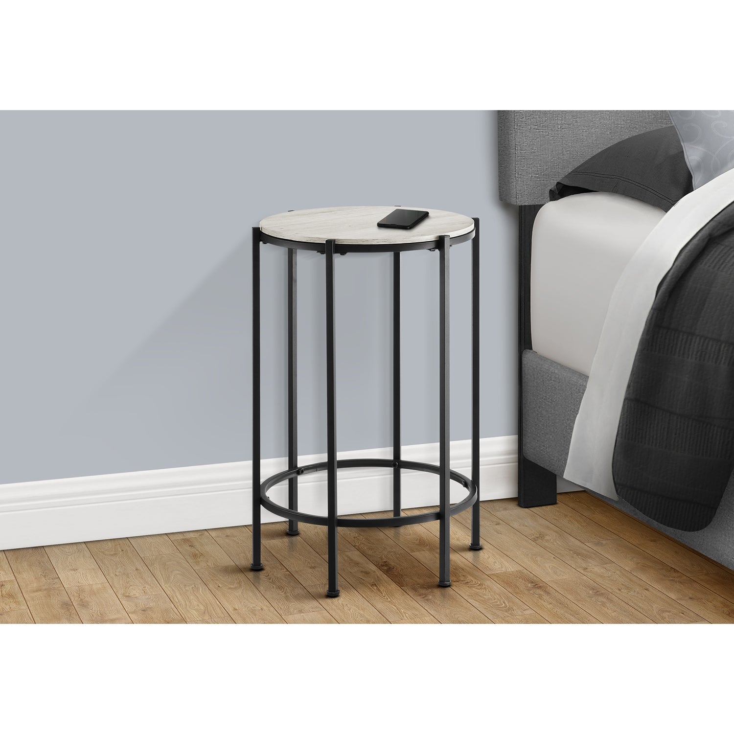 I 3757 - Table D'appoint, Bout, Rond, Table D'appoint, Petit, Lampe, Salon, Chambre À Coucher, Table De Nuit, Stratifié Chêne Lavé, Métal Noir, Contemporain - Simple Boutique
