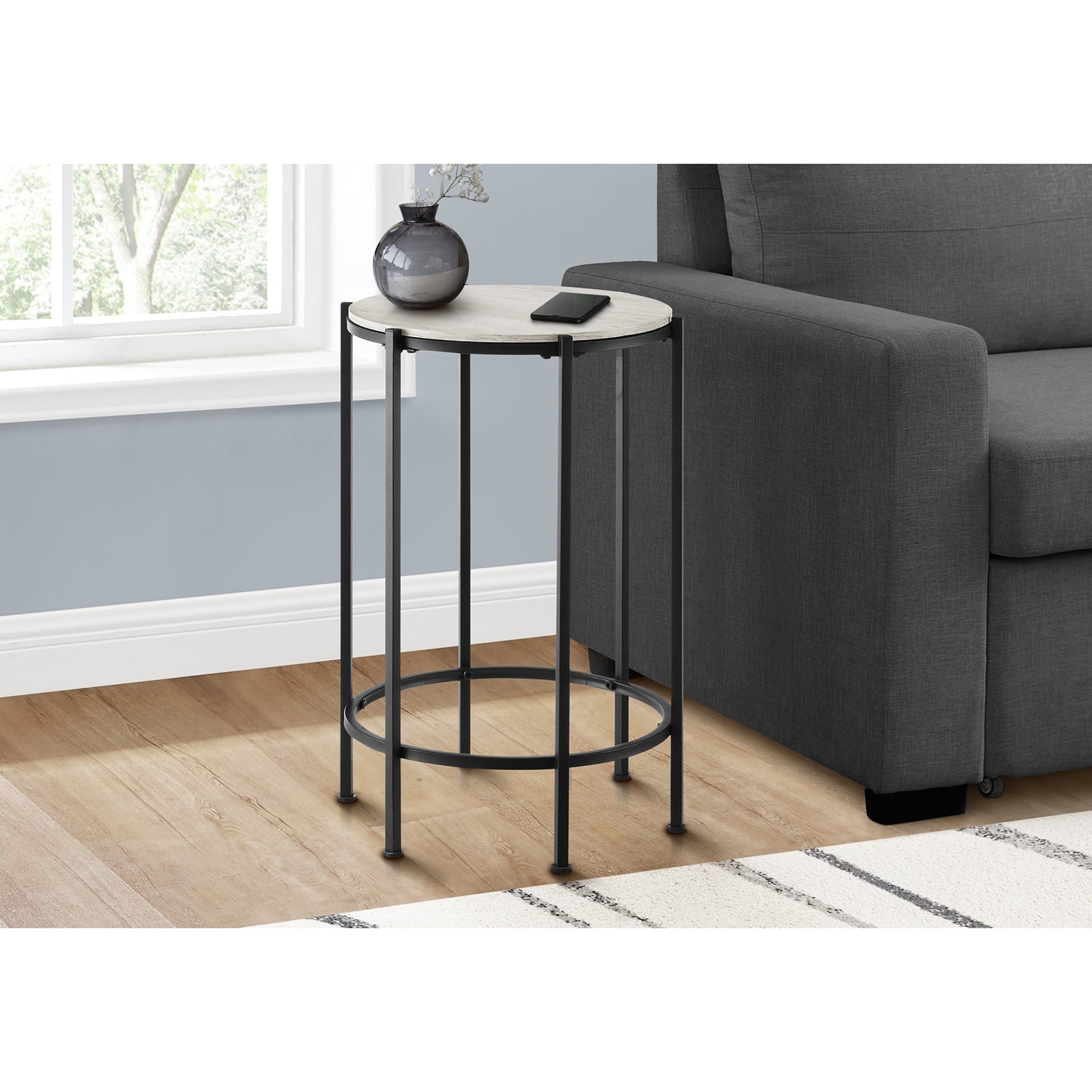 I 3757 - Table D'appoint, Bout, Rond, Table D'appoint, Petit, Lampe, Salon, Chambre À Coucher, Table De Nuit, Stratifié Chêne Lavé, Métal Noir, Contemporain - Simple Boutique