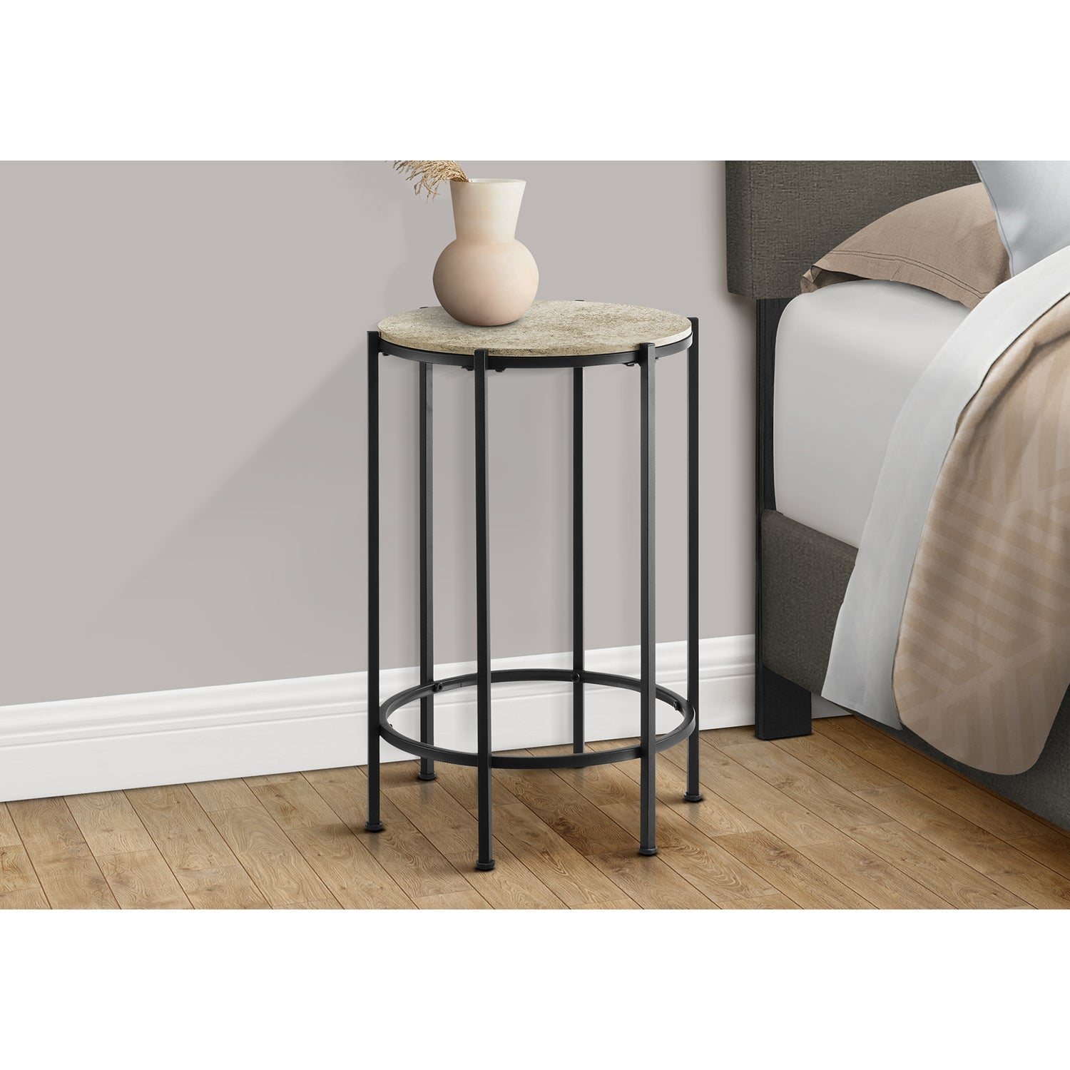 I 3758 - Table D'appoint, Bout, Rond, Table D'appoint, Petit, Lampe, Salon, Chambre À Coucher, Table De Nuit, Revêtement Stratifié En Pierre Crème, Métal Noir, Contemporain - Simple Boutique