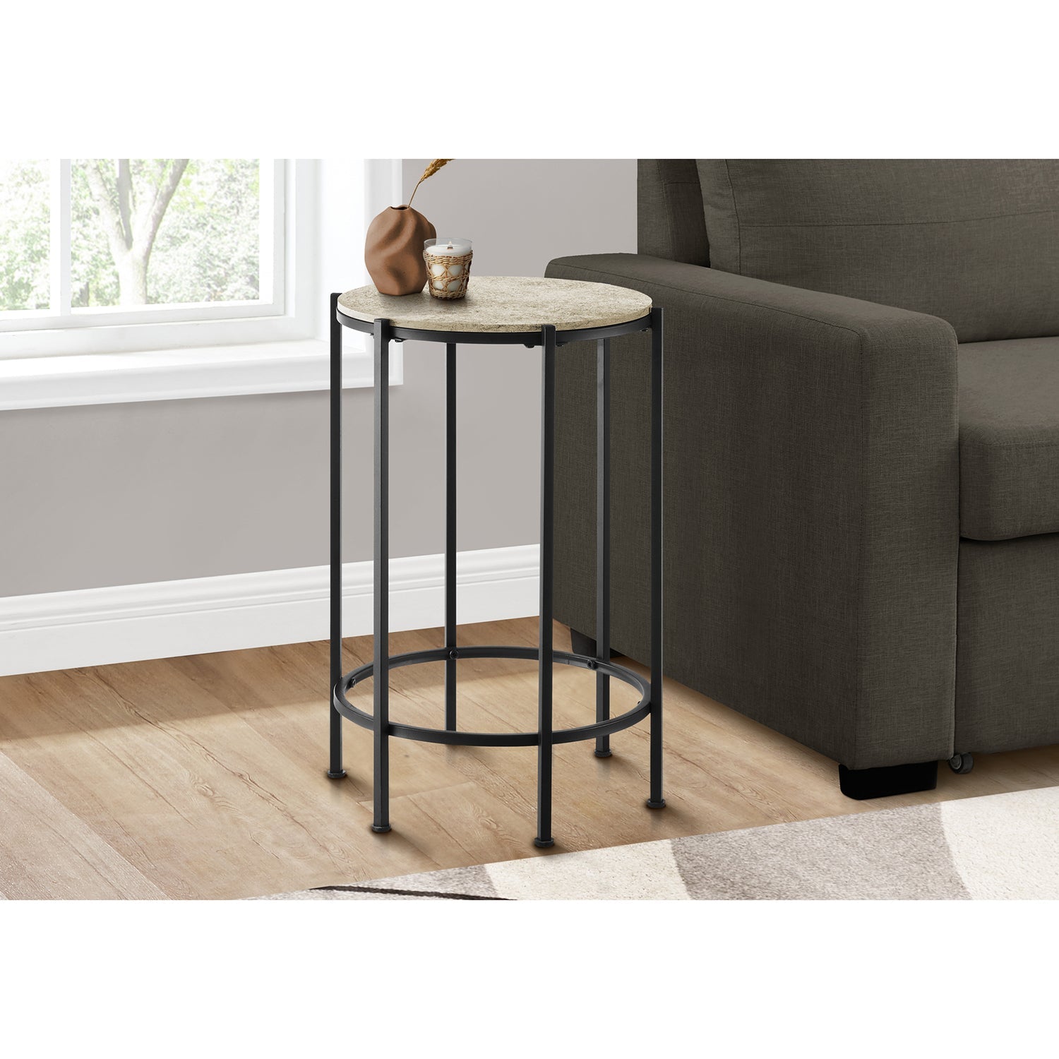 I 3758 - Table D'appoint, Bout, Rond, Table D'appoint, Petit, Lampe, Salon, Chambre À Coucher, Table De Nuit, Revêtement Stratifié En Pierre Crème, Métal Noir, Contemporain - Simple Boutique