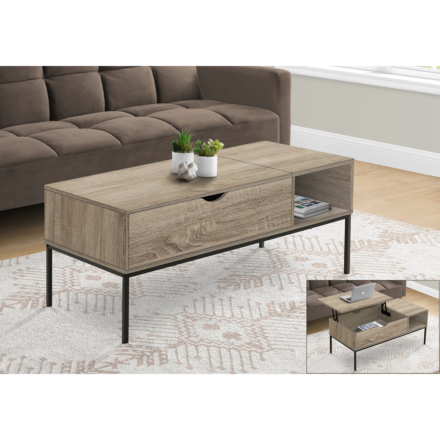 I 3806 - Table De Salon, 42" L, Rectangulaire, Cocktail, Taupe Foncé, Métal Noir, Contemporain, Moderne - Simple Boutique