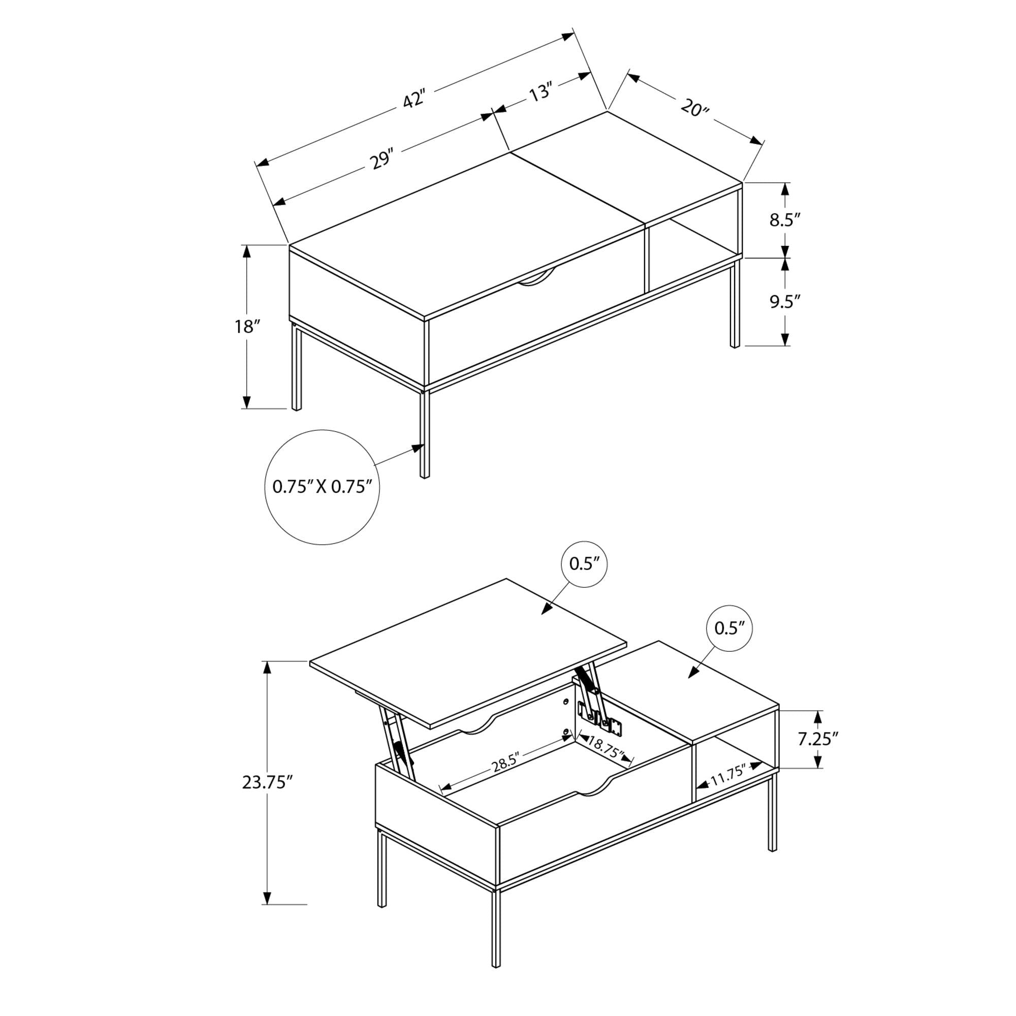 I 3807 - Table De Salon, 42'' L, Rectangulaire, Cocktail, Toit Relevable, Chêne Lavé, Métal Noir, Contemporain, Moderne - Simple Boutique