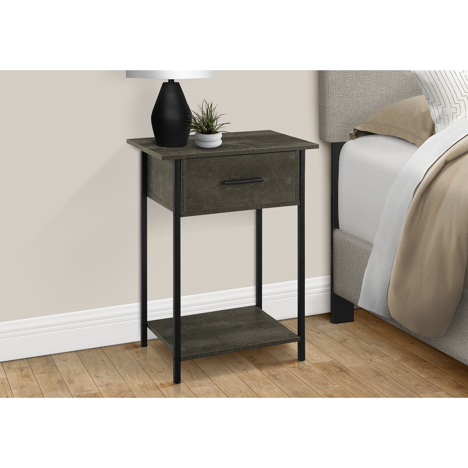 I 3815 - Table D'appoint, 2 Niveaux, Bout, Lampe, Salon, Table D'appoint, Tiroir De Rangement, Petit, Stratifié En Bronze Foncé, Métal Noir, Contemporain - Simple Boutique