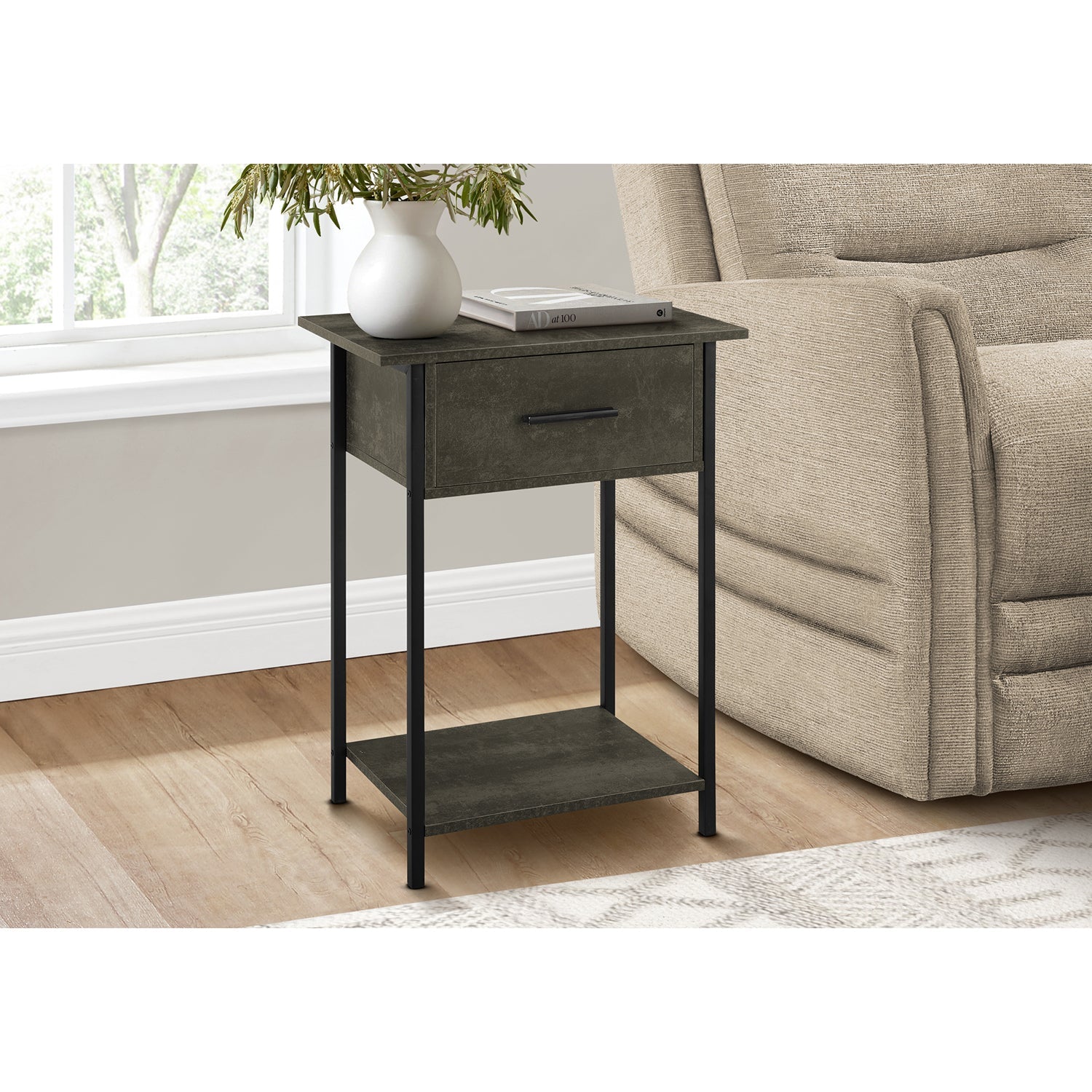 I 3815 - Table D'appoint, 2 Niveaux, Bout, Lampe, Salon, Table D'appoint, Tiroir De Rangement, Petit, Stratifié En Bronze Foncé, Métal Noir, Contemporain - Simple Boutique