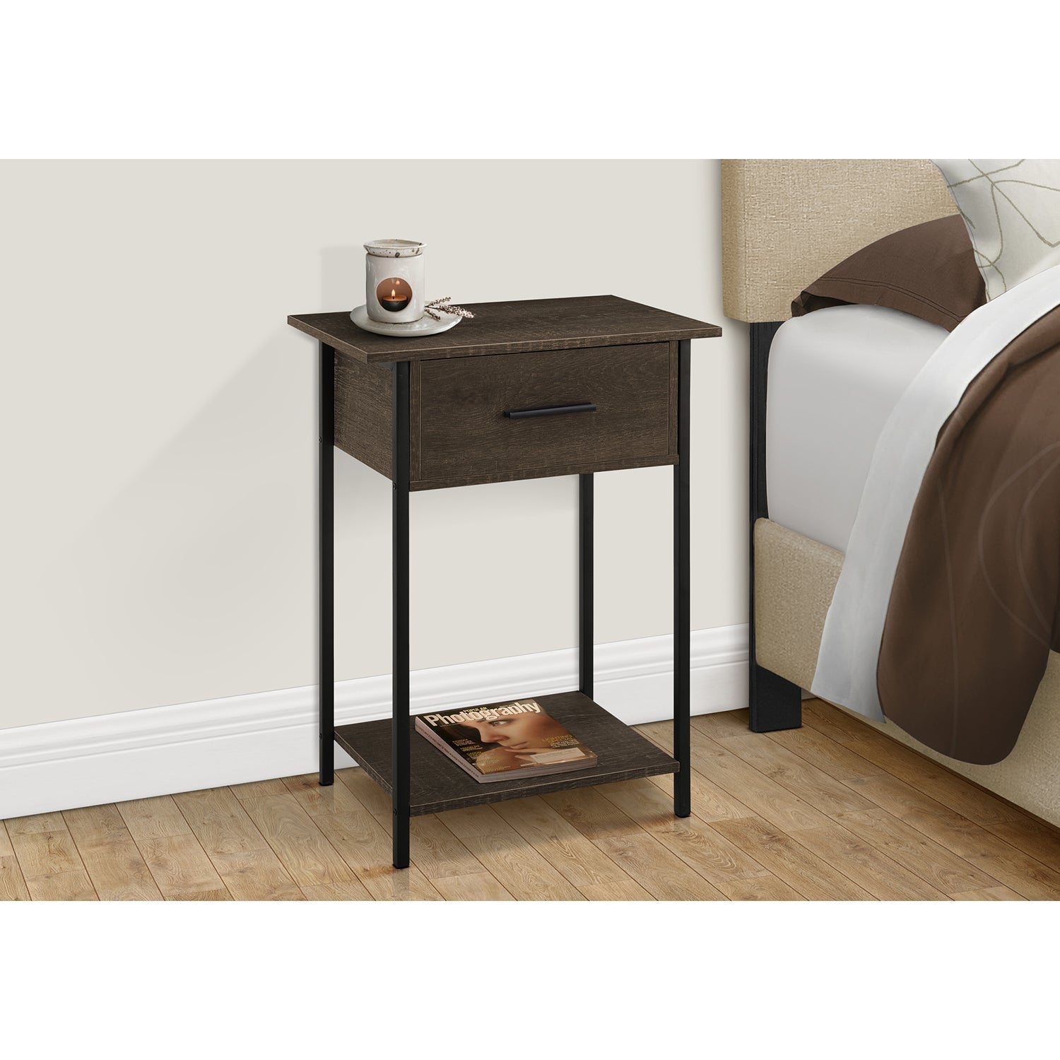 I 3816 - Table D'appoint, 2 Niveaux, Bout, Lampe, Salon, Table D'appoint, Tiroir De Rangement, Petit, Stratifié Chêne Foncé, Métal Noir, Contemporain - Simple Boutique