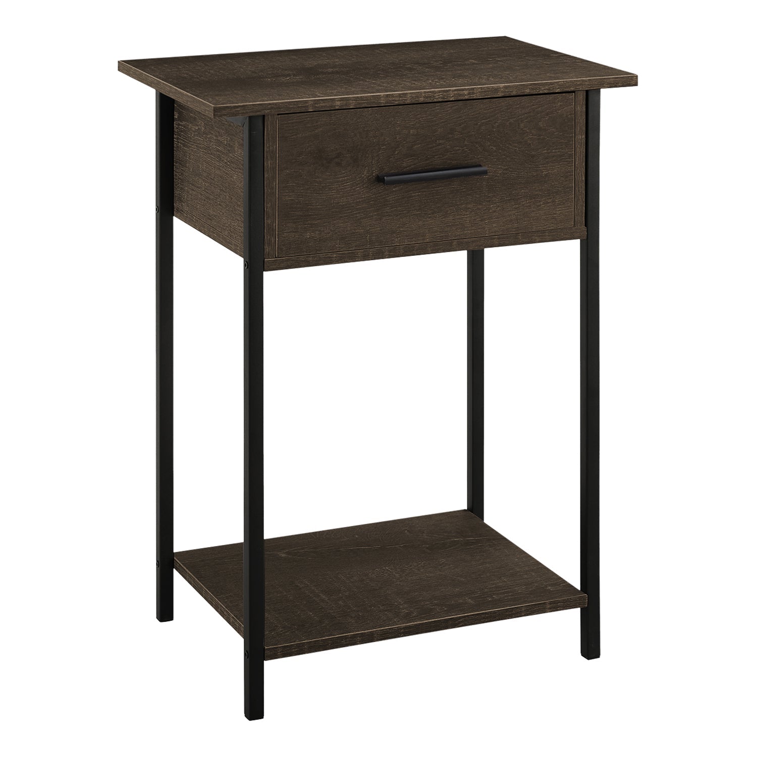 I 3816 - Table D'appoint, 2 Niveaux, Bout, Lampe, Salon, Table D'appoint, Tiroir De Rangement, Petit, Stratifié Chêne Foncé, Métal Noir, Contemporain - Simple Boutique