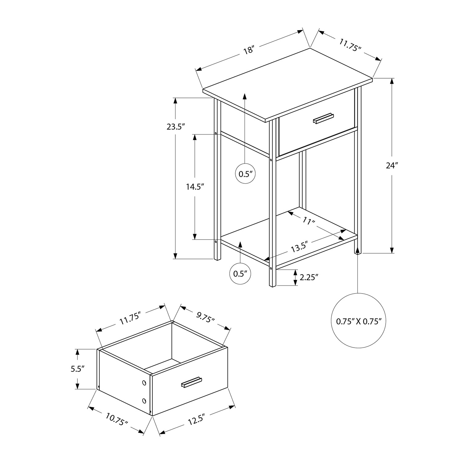 I 3816 - Table D'appoint, 2 Niveaux, Bout, Lampe, Salon, Table D'appoint, Tiroir De Rangement, Petit, Stratifié Chêne Foncé, Métal Noir, Contemporain - Simple Boutique