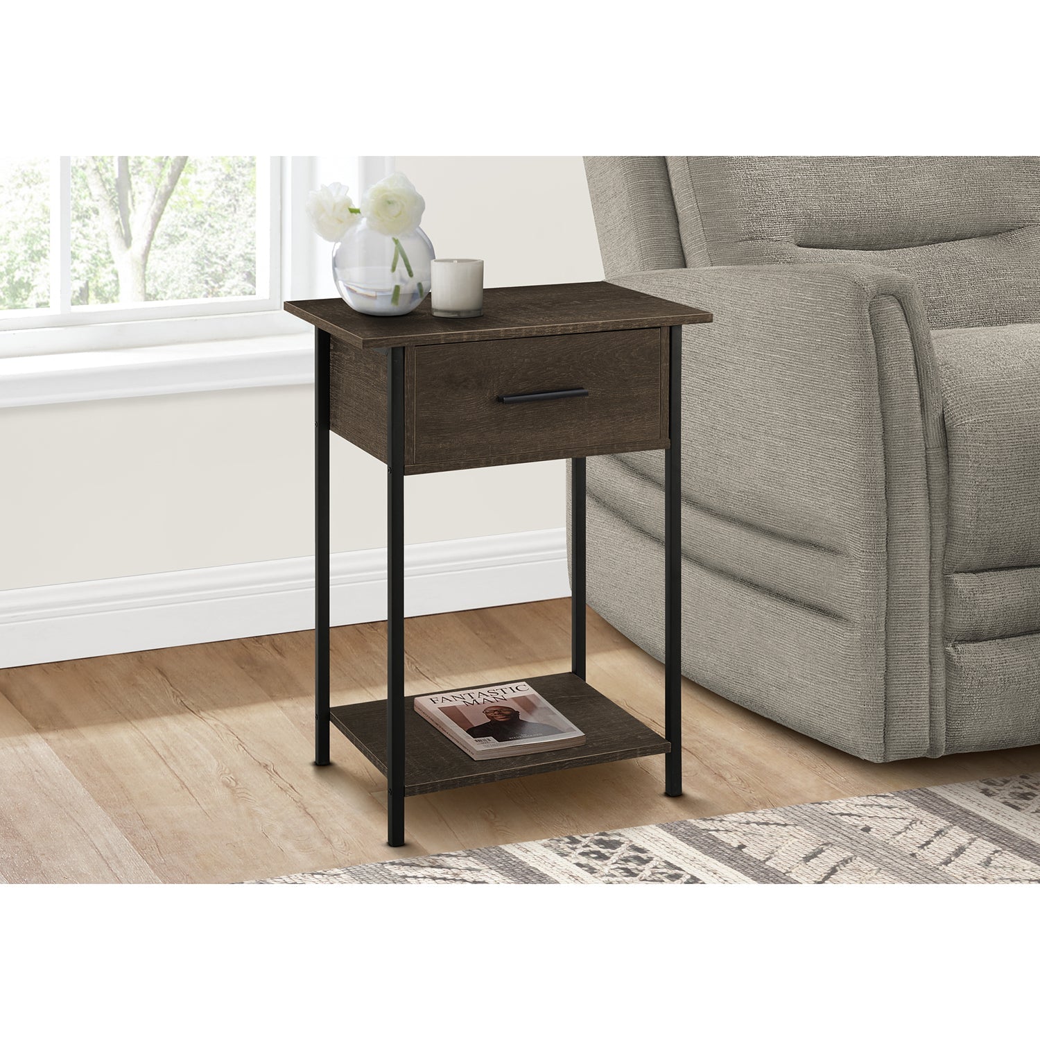 I 3816 - Table D'appoint, 2 Niveaux, Bout, Lampe, Salon, Table D'appoint, Tiroir De Rangement, Petit, Stratifié Chêne Foncé, Métal Noir, Contemporain - Simple Boutique