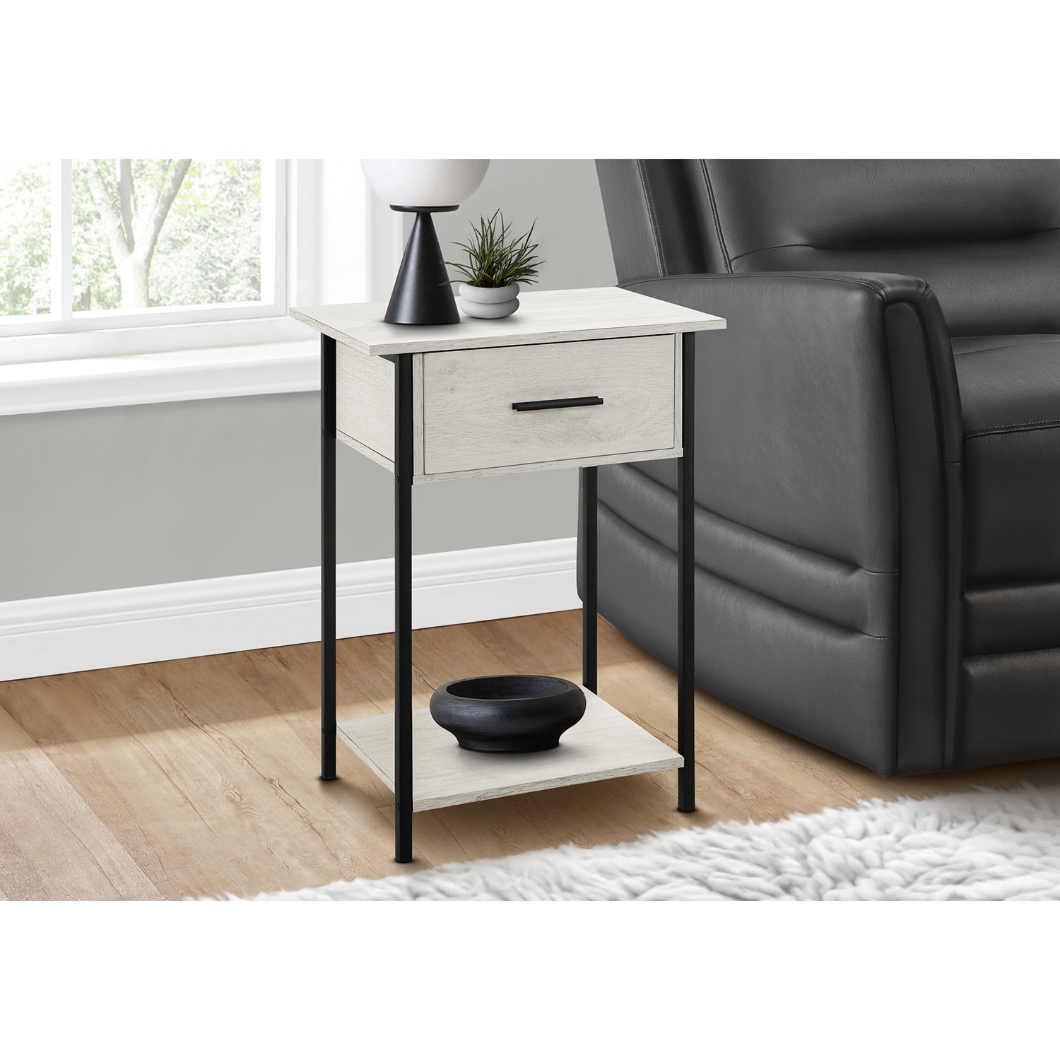 I 3817 - Table D'appoint, 2 Niveaux, Bout, Lampe, Salon, Table D'appoint, Tiroir De Rangement, Petit, Stratifié Chêne Lavé, Métal Noir, Contemporain - Simple Boutique