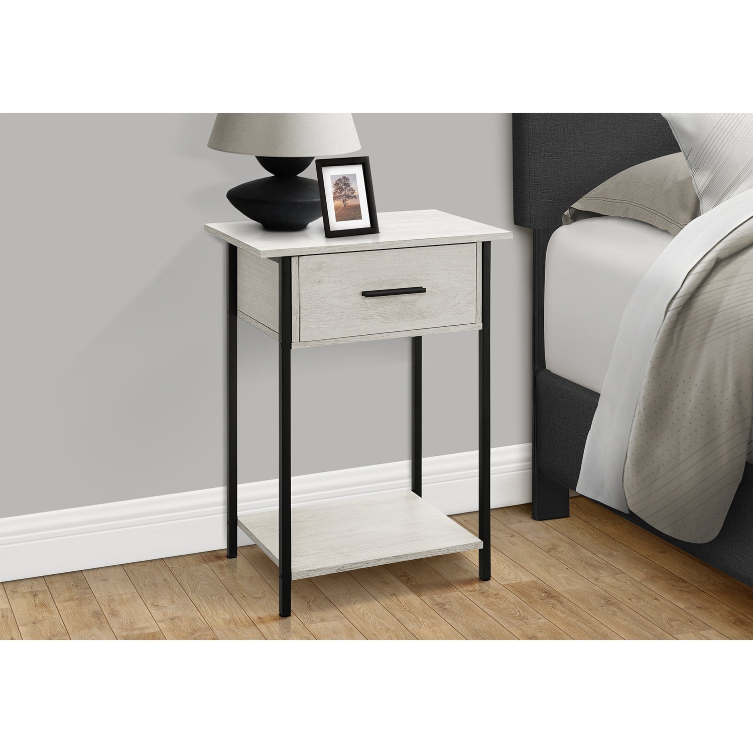 I 3817 - Table D'appoint, 2 Niveaux, Bout, Lampe, Salon, Table D'appoint, Tiroir De Rangement, Petit, Stratifié Chêne Lavé, Métal Noir, Contemporain - Simple Boutique