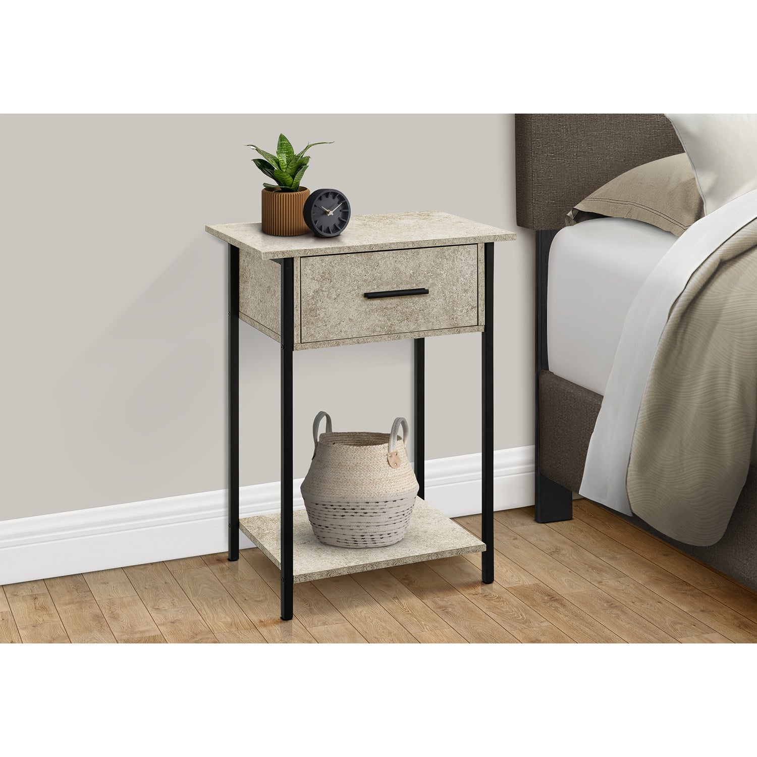 I 3818 - Table D'appoint, 2 Niveaux, Bout, Lampe, Salon, Table D'appoint, Tiroir De Rangement, Petit, Revêtement Stratifié En Pierre Crème, Métal Noir, Contemporain - Simple Boutique