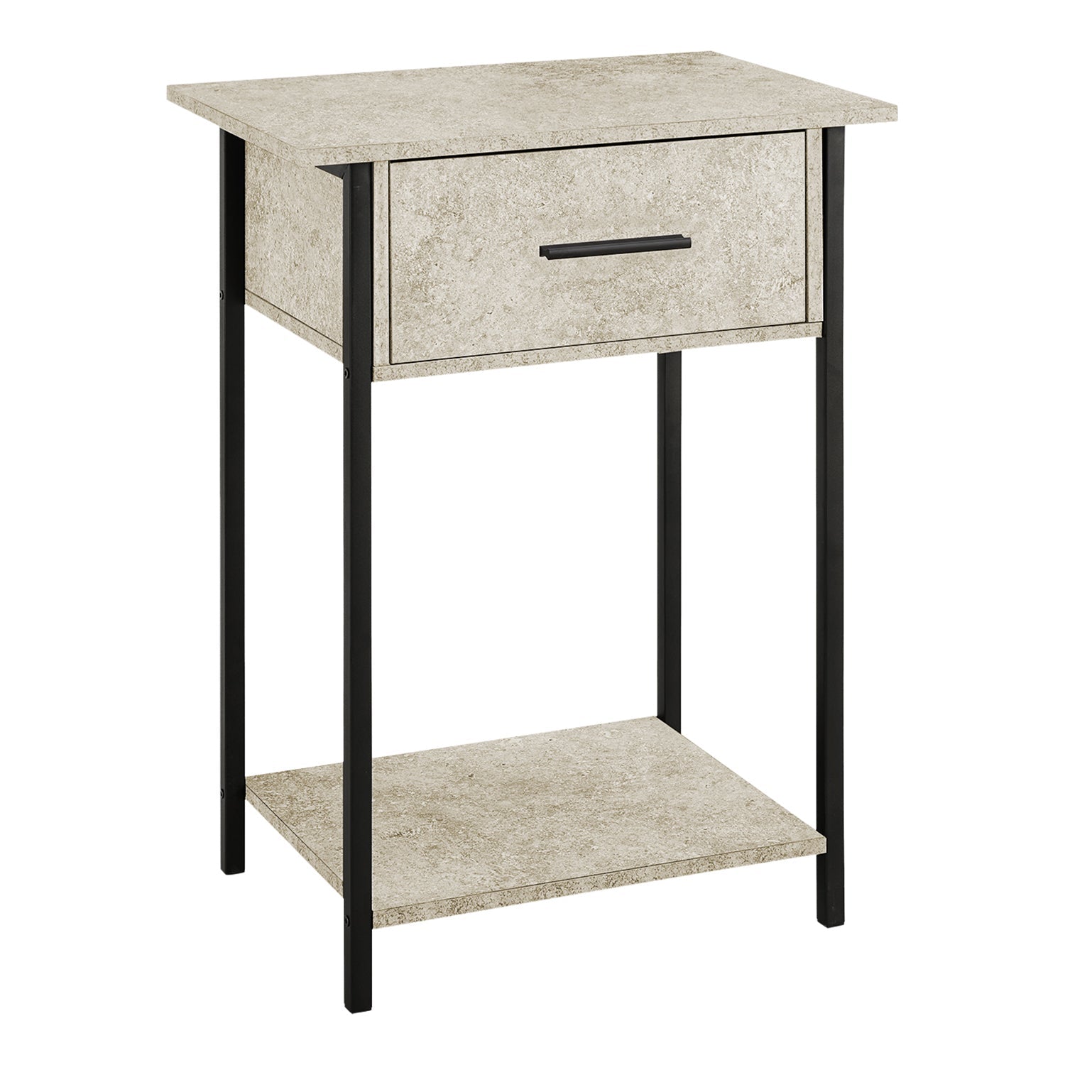 I 3818 - Table D'appoint, 2 Niveaux, Bout, Lampe, Salon, Table D'appoint, Tiroir De Rangement, Petit, Revêtement Stratifié En Pierre Crème, Métal Noir, Contemporain - Simple Boutique