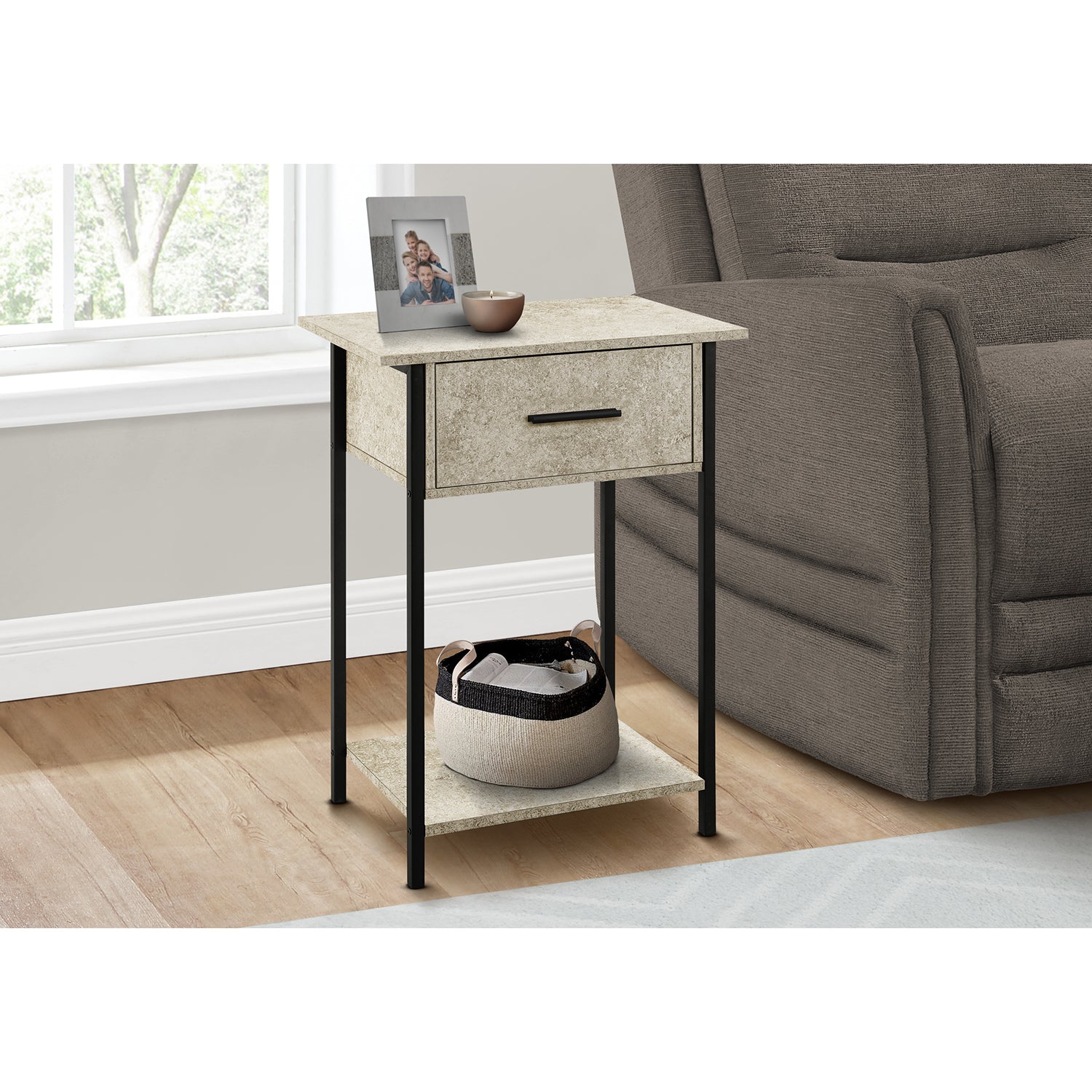I 3818 - Table D'appoint, 2 Niveaux, Bout, Lampe, Salon, Table D'appoint, Tiroir De Rangement, Petit, Revêtement Stratifié En Pierre Crème, Métal Noir, Contemporain - Simple Boutique