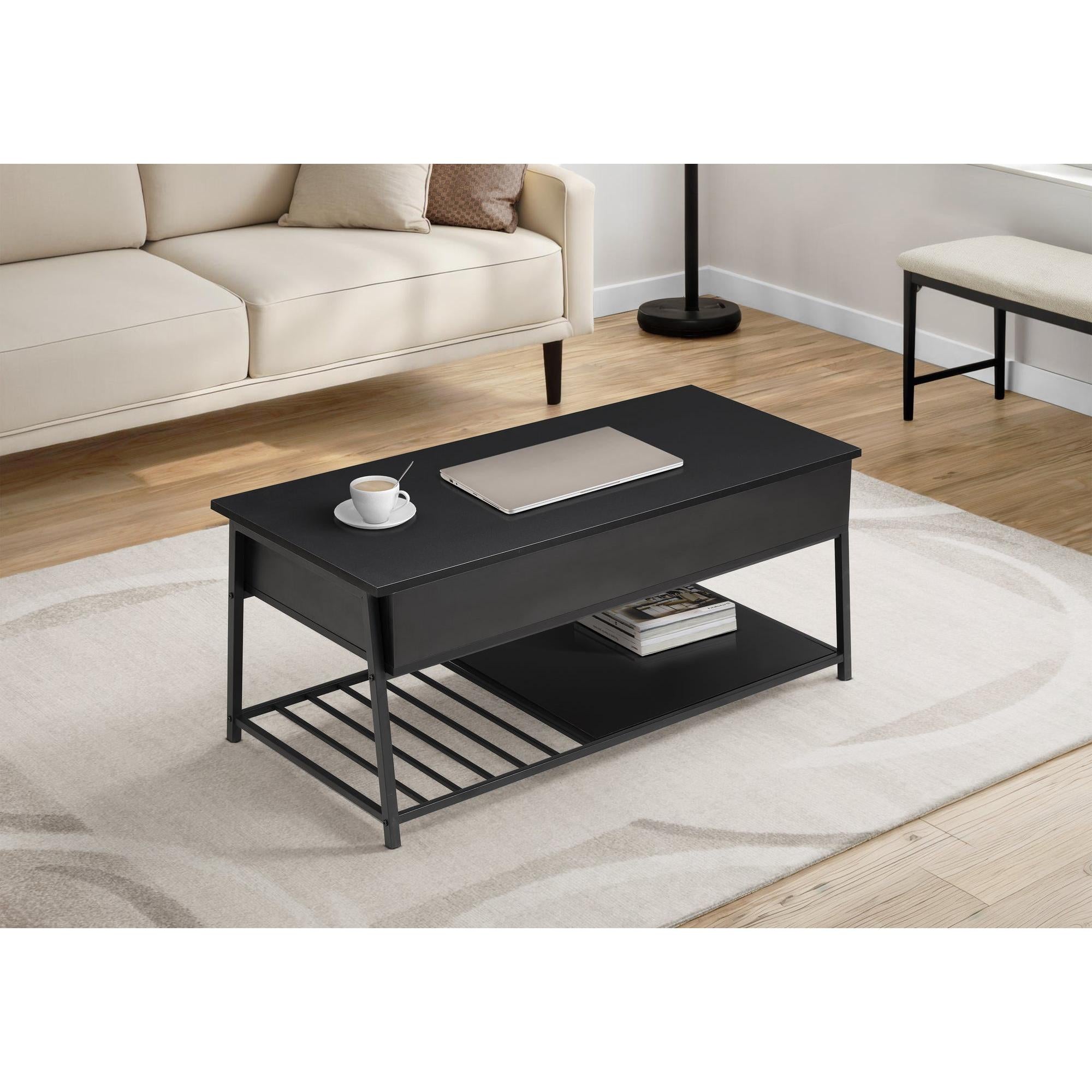 I 3820 - Table De Salon, 42'' L, Cocktail, Toit Relevable, Rectangulaire, Rangement, Salon, Stratifié Noir, Métal Noir, Contemporain, Moderne - Simple Boutique