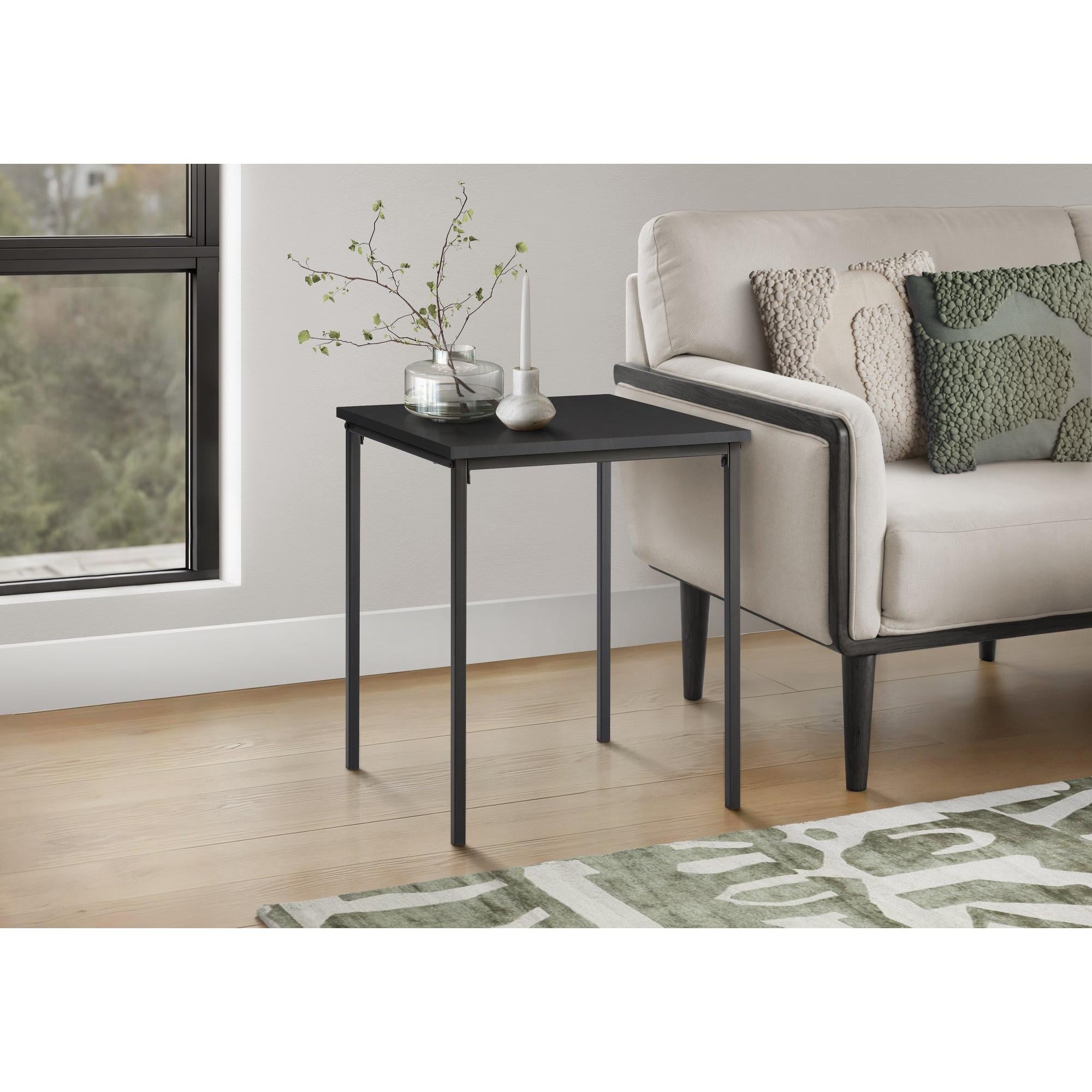 I 3827 - Table D'appoint, 22'' H, Table D'appoint, Bout, Petit, Table De Nuit, Carré, Chambre À Coucher, Salon, Stratifié Noir, Métal Noir, Contemporain, Moderne - Simple Boutique