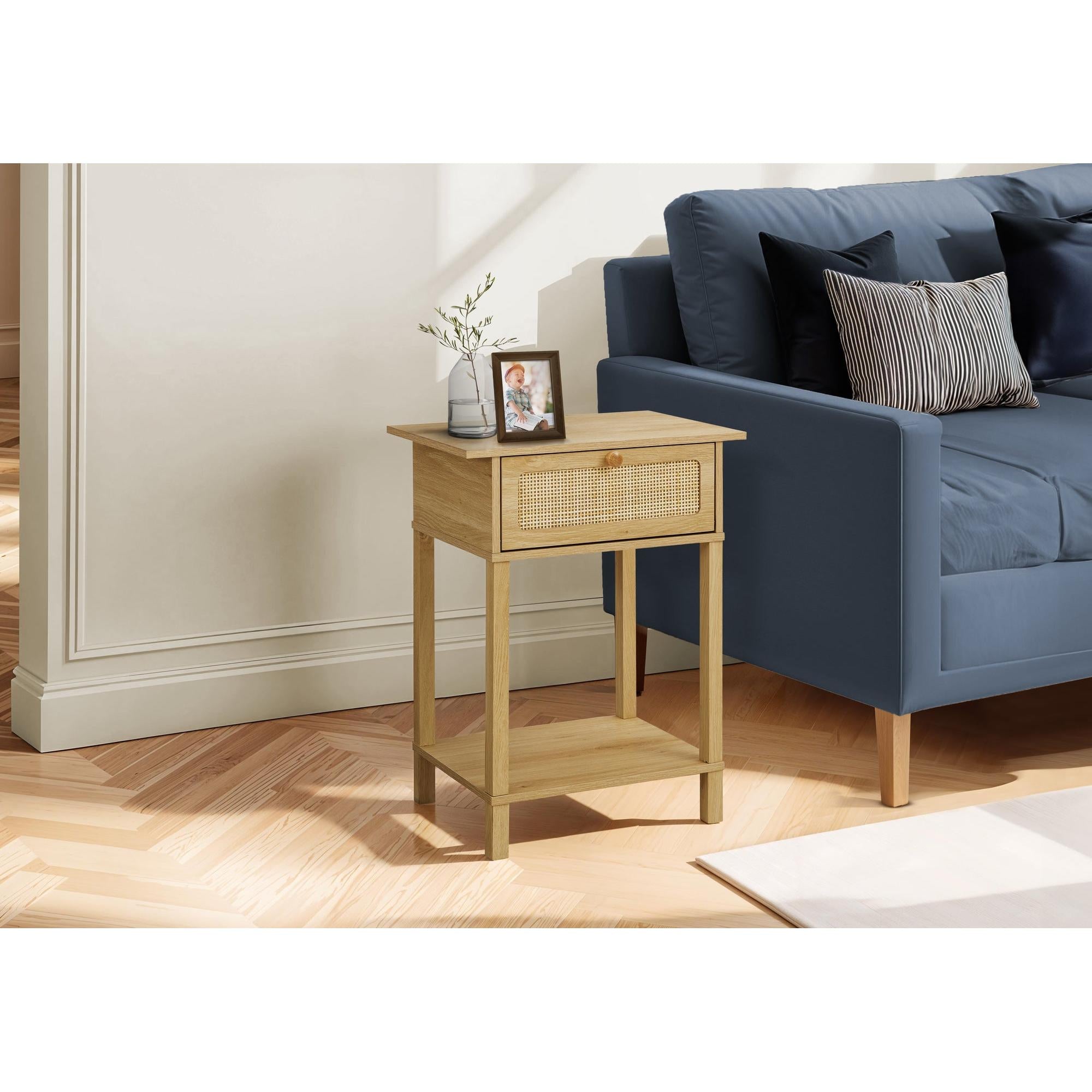 I 3842 - Table D'appoint, 2 Niveaux, Bout, Table De Nuit, Table D'appoint, Tiroir De Rangement, Chambre À Coucher, Salon, Stratifié Naturel, Transitionnel - Simple Boutique