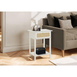 I 3843 - Table D'appoint, 2 Niveaux, Bout, Table De Nuit, Table D'appoint, Tiroir De Rangement, Chambre À Coucher, Salon, Stratifié Blanc, Transitionnel - Simple Boutique
