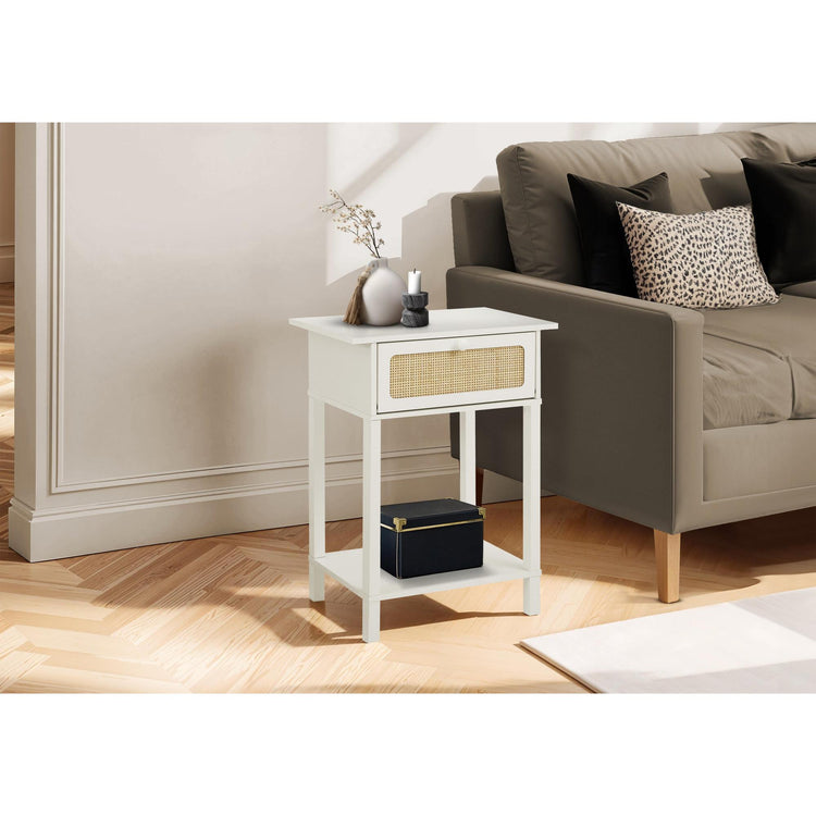 I 3843 - Table D'appoint, 2 Niveaux, Bout, Table De Nuit, Table D'appoint, Tiroir De Rangement, Chambre À Coucher, Salon, Stratifié Blanc, Transitionnel - Simple Boutique