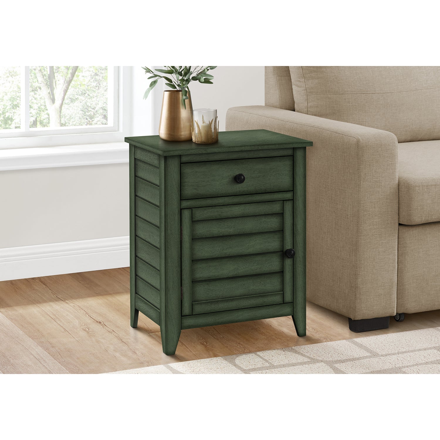 I 3948 - Table D'appoint, Table De Nuit, Tiroir De Rangement, Bout, Table D'appoint, Chambre À Coucher, Lampe, Rangement, Placage Vert Antique, Transitionnel - Simple Boutique