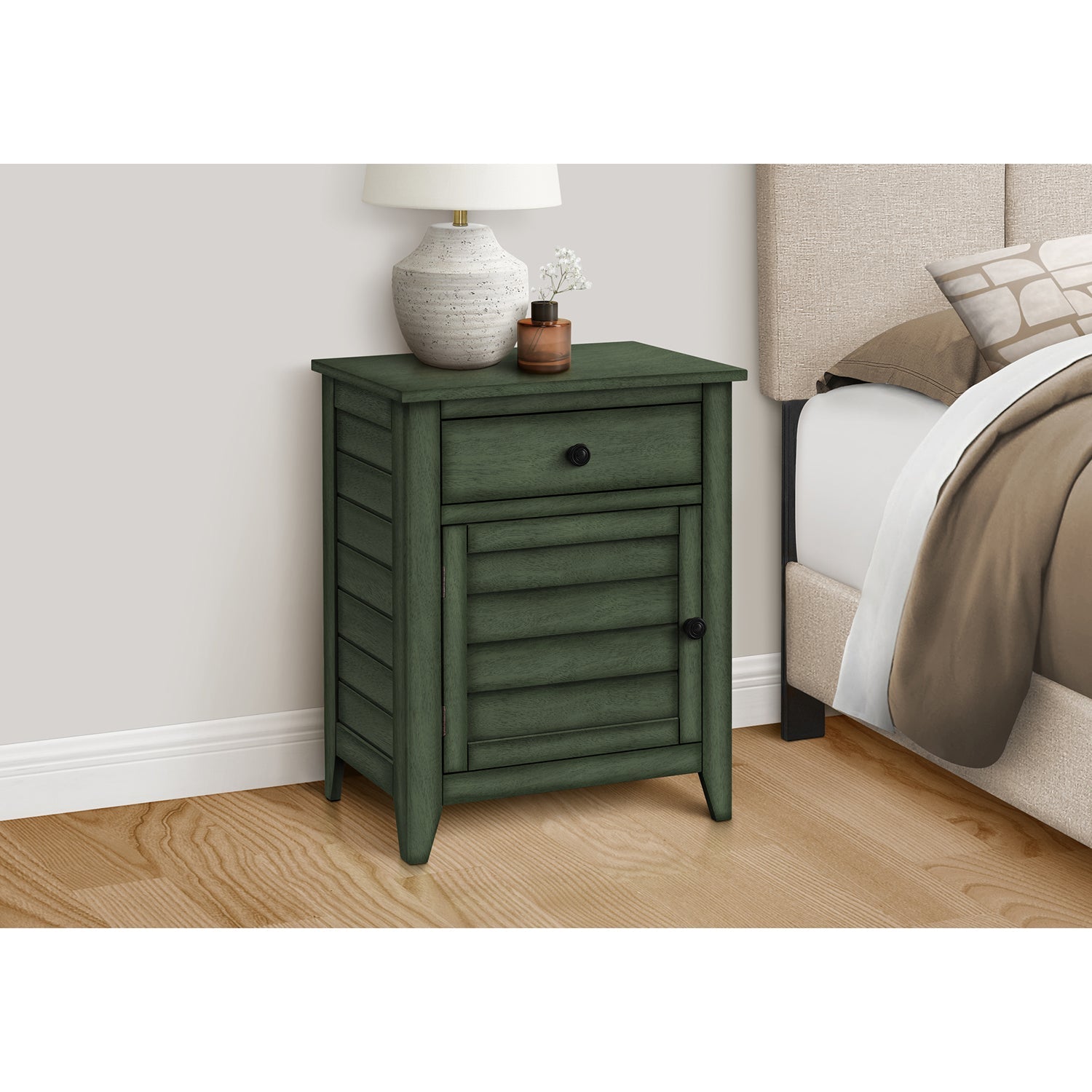 I 3948 - Table D'appoint, Table De Nuit, Tiroir De Rangement, Bout, Table D'appoint, Chambre À Coucher, Lampe, Rangement, Placage Vert Antique, Transitionnel - Simple Boutique