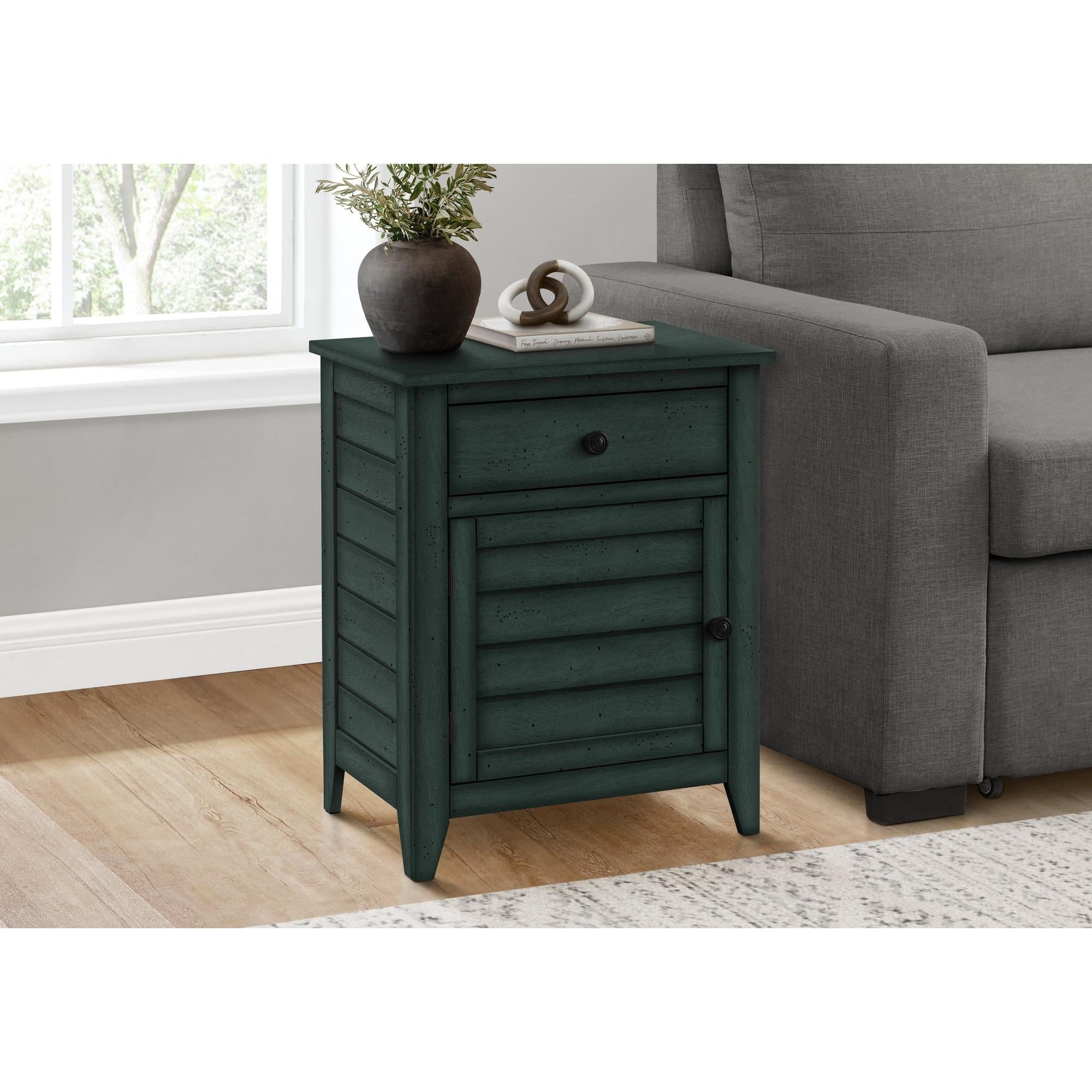 I 3949 - Table D'appoint, Table De Nuit, Tiroir De Rangement, Bout, Table D'appoint, Chambre À Coucher, Lampe, Rangement, Placage Bleu Antique, Transitionnel - Simple Boutique