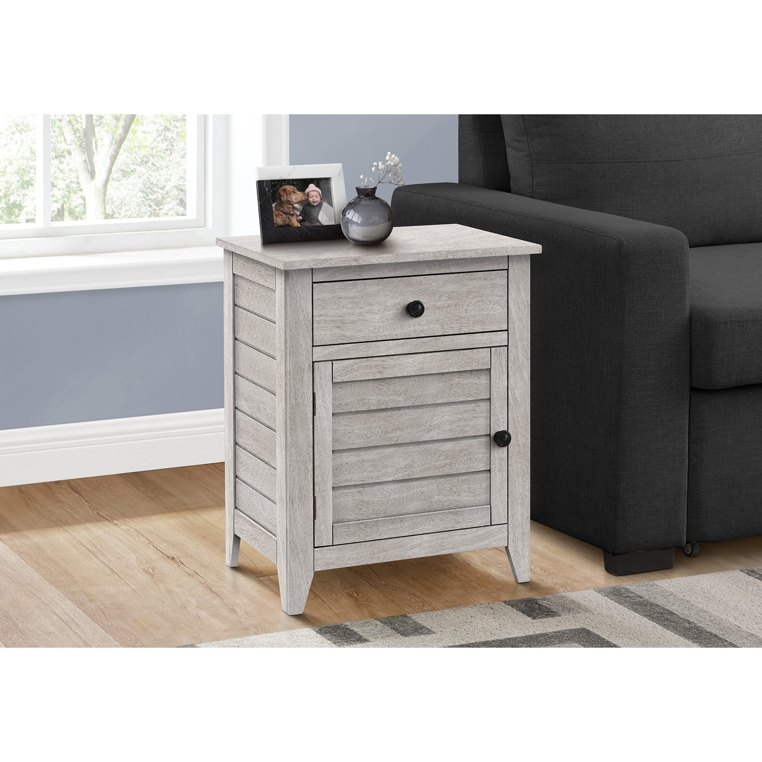 I 3950 - Table D'appoint, Table De Nuit, Tiroir De Rangement, Bout, Table D'appoint, Chambre À Coucher, Lampe, Rangement, Placage Gris, Transitionnel - Simple Boutique