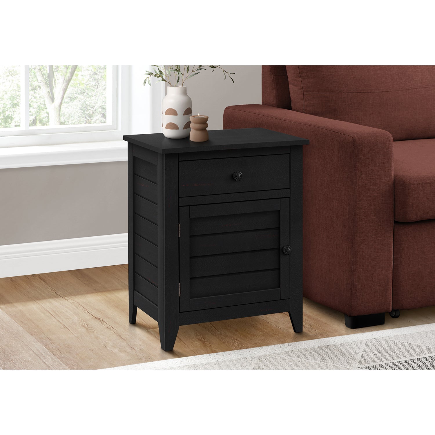I 3951 - Table D'appoint, Table De Nuit, Tiroir De Rangement, Bout, Table D'appoint, Chambre À Coucher, Lampe, Rangement, Placage Noir, Transitionnel - Simple Boutique