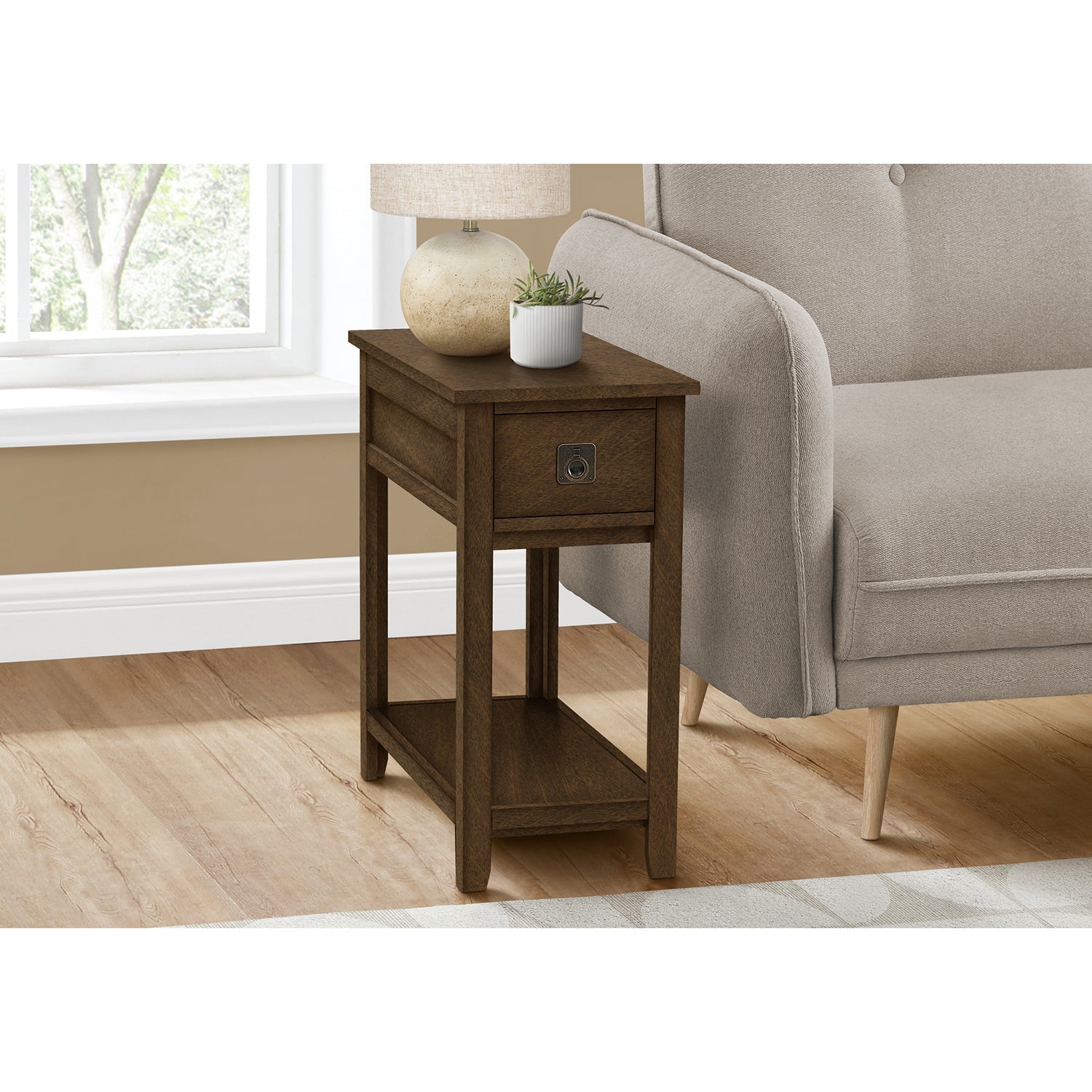 I 3953 - Table D'appoint, Bout, Table D'appoint, Table De Nuit, Chambre À Coucher, Étroit, Tiroir De Rangement, Placage Brun, Transitionnel - Simple Boutique