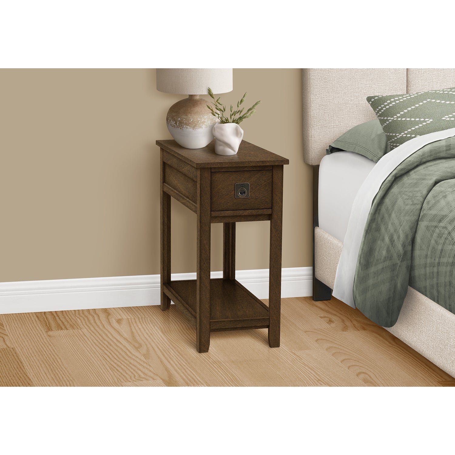 I 3953 - Table D'appoint, Bout, Table D'appoint, Table De Nuit, Chambre À Coucher, Étroit, Tiroir De Rangement, Placage Brun, Transitionnel - Simple Boutique