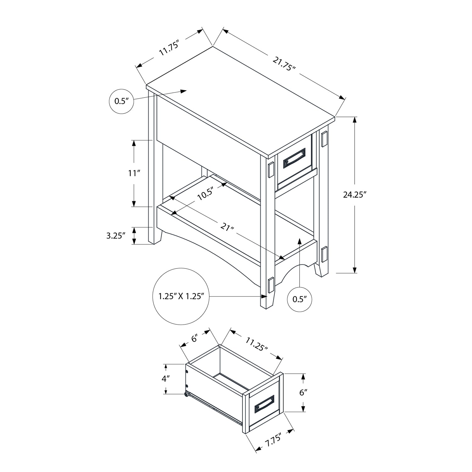 I 3955 - Table D'appoint, Bout, Table D'appoint, Table De Nuit, 2 Niveaux, Étroit, Tiroir De Rangement, Placage Brun, Transitionnel - Simple Boutique