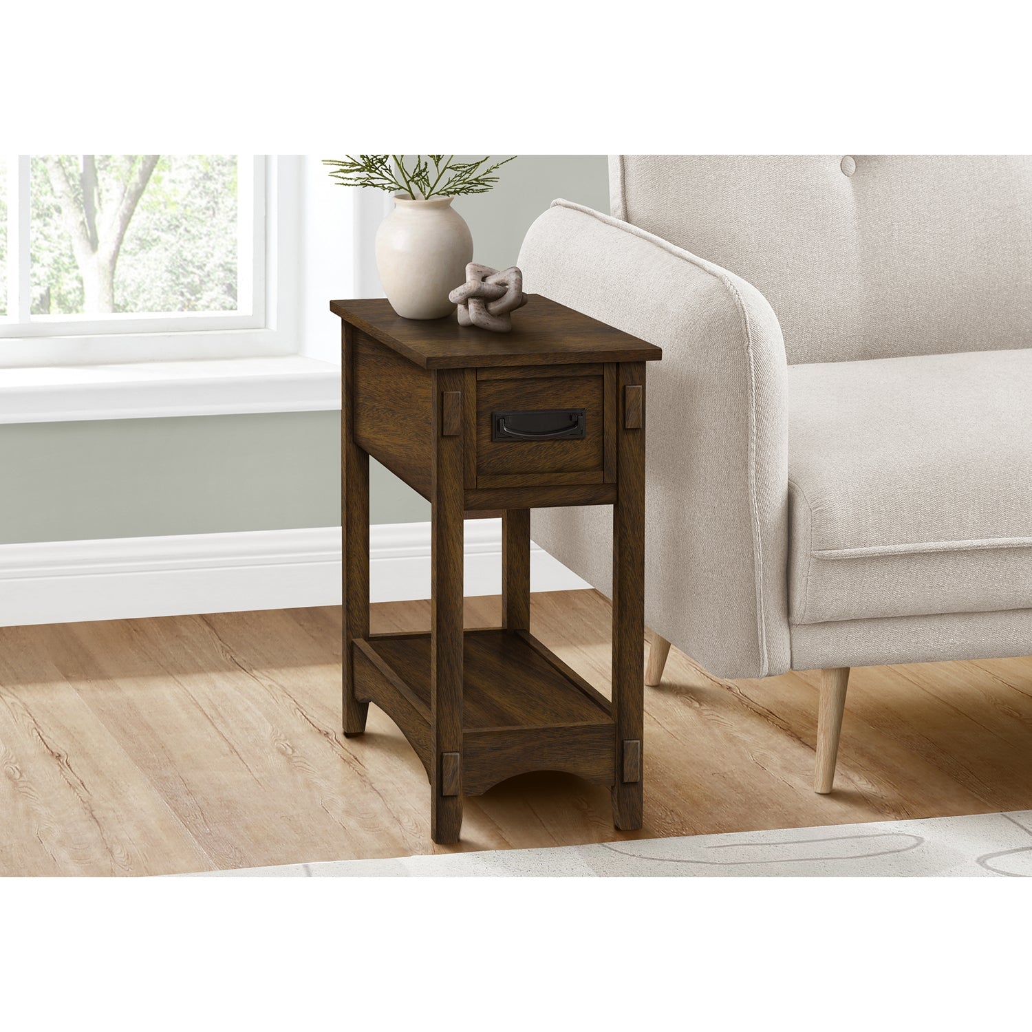 I 3955 - Table D'appoint, Bout, Table D'appoint, Table De Nuit, 2 Niveaux, Étroit, Tiroir De Rangement, Placage Brun, Transitionnel - Simple Boutique