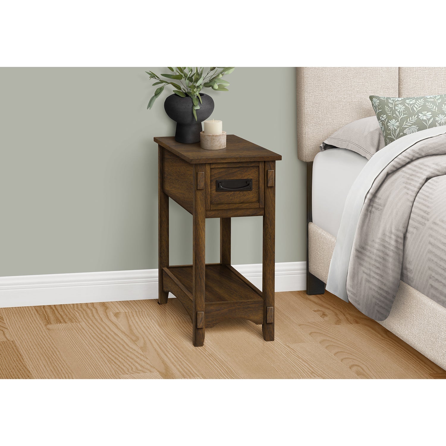 I 3955 - Table D'appoint, Bout, Table D'appoint, Table De Nuit, 2 Niveaux, Étroit, Tiroir De Rangement, Placage Brun, Transitionnel - Simple Boutique