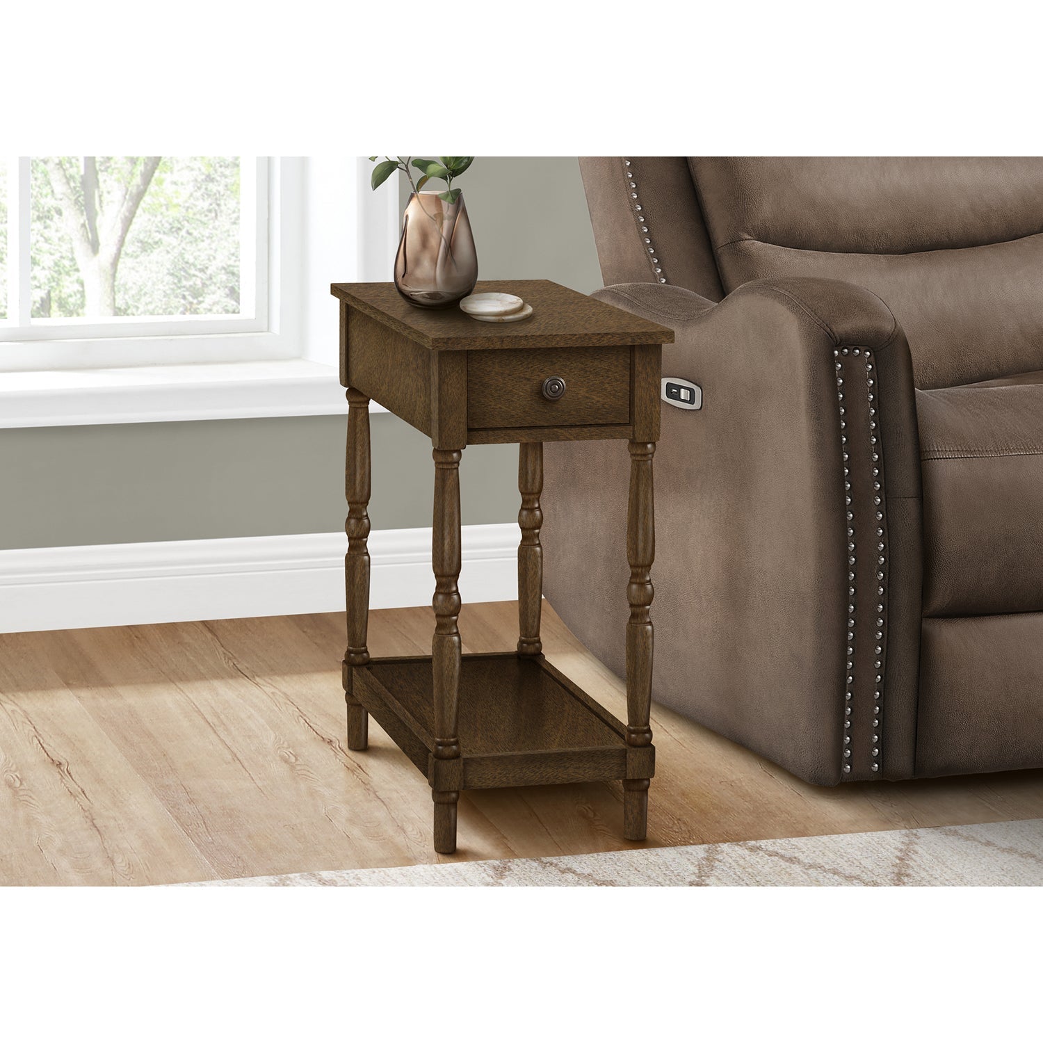 I 3957 - Table D'appoint, 2 Niveaux, Bout, Table D'appoint, Table De Nuit, Chambre À Coucher, Étroit, Lampe, Tiroir De Rangement, Placage Brun, Traditionnel - Simple Boutique